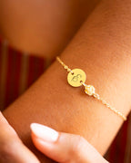 Gold Initial Disc and Birth Flower Personalised Bracelet