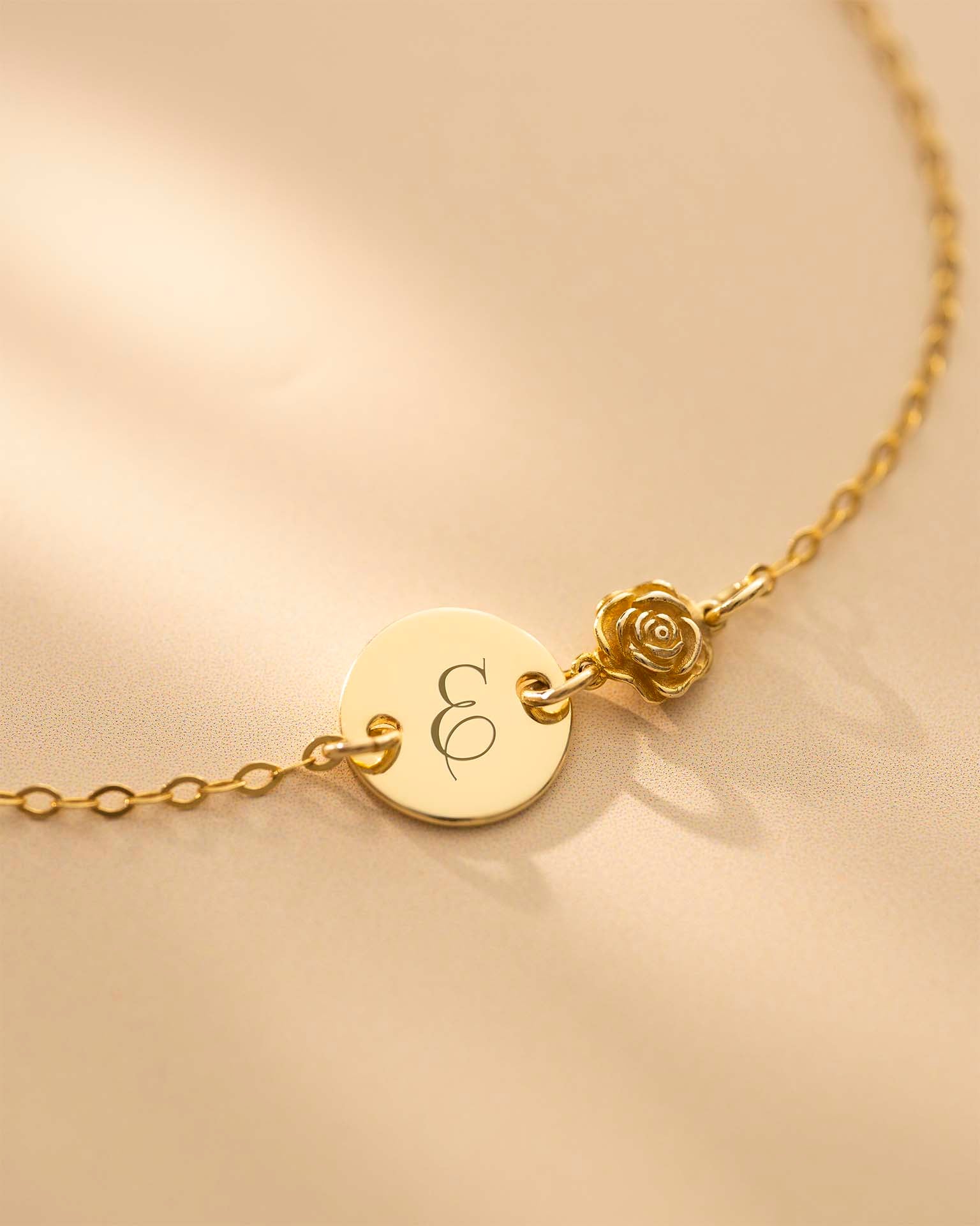 Gold Initial Disc and Birth Flower Personalised Bracelet