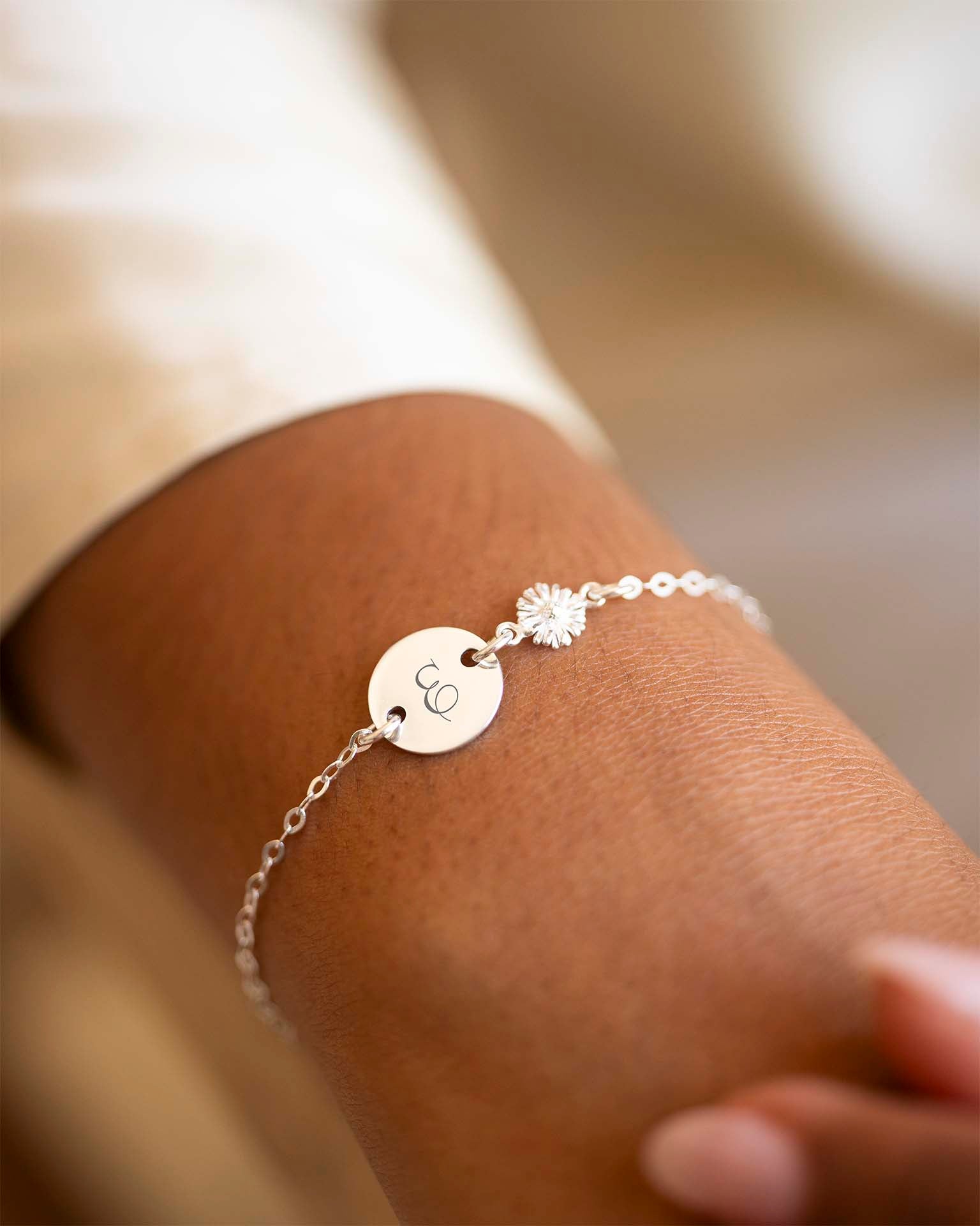 Silver Initial Disc and Birth Flower Personalised Bracelet