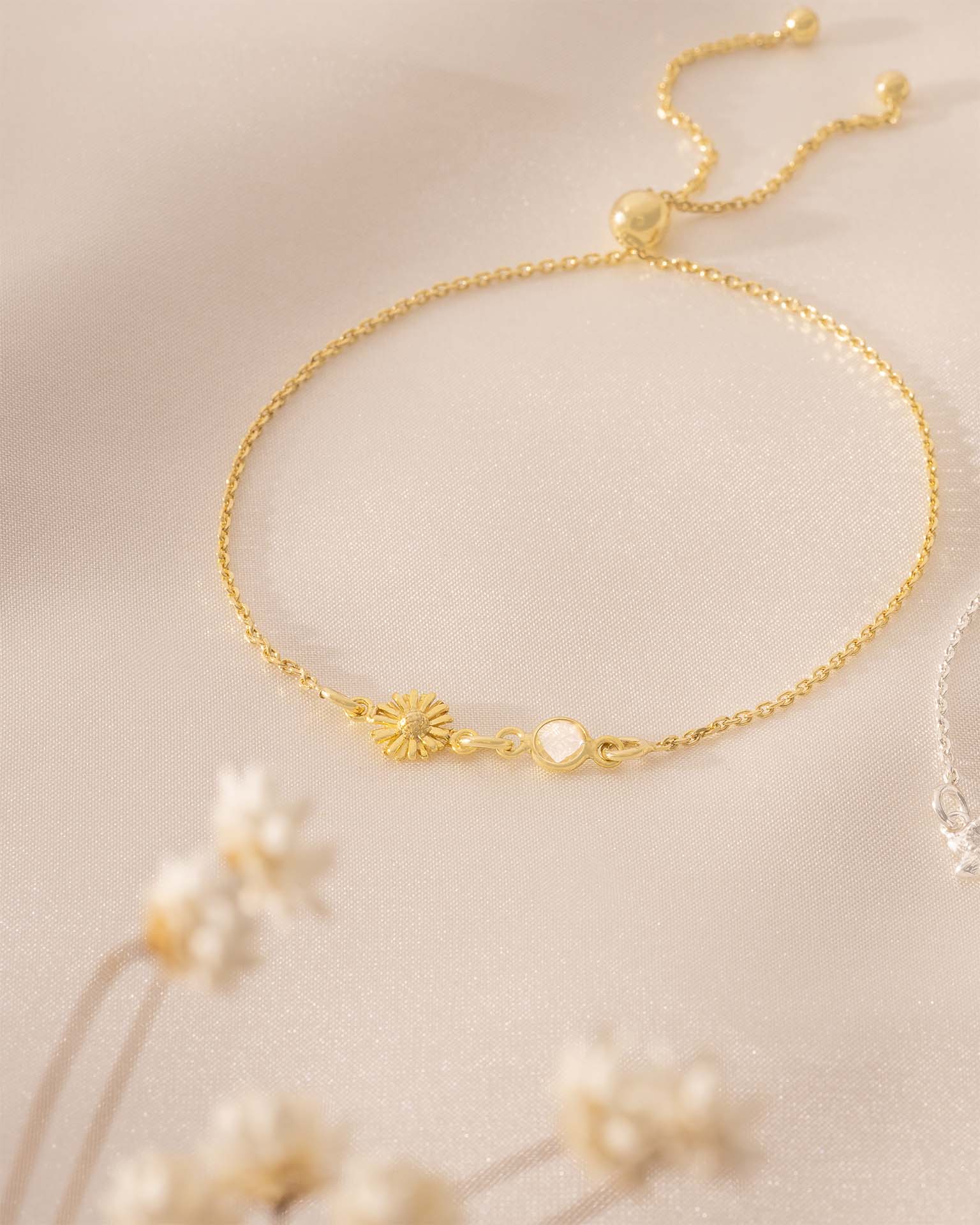 Gold Birth Flower and Birthstone Personalised Slider Bracelet
