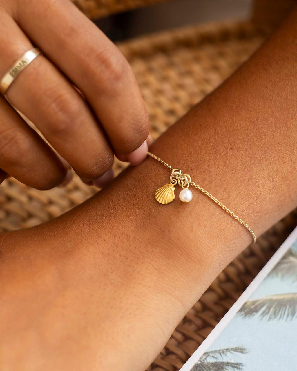 Gold Seashell and Pearl Personalised Slider Bracelet