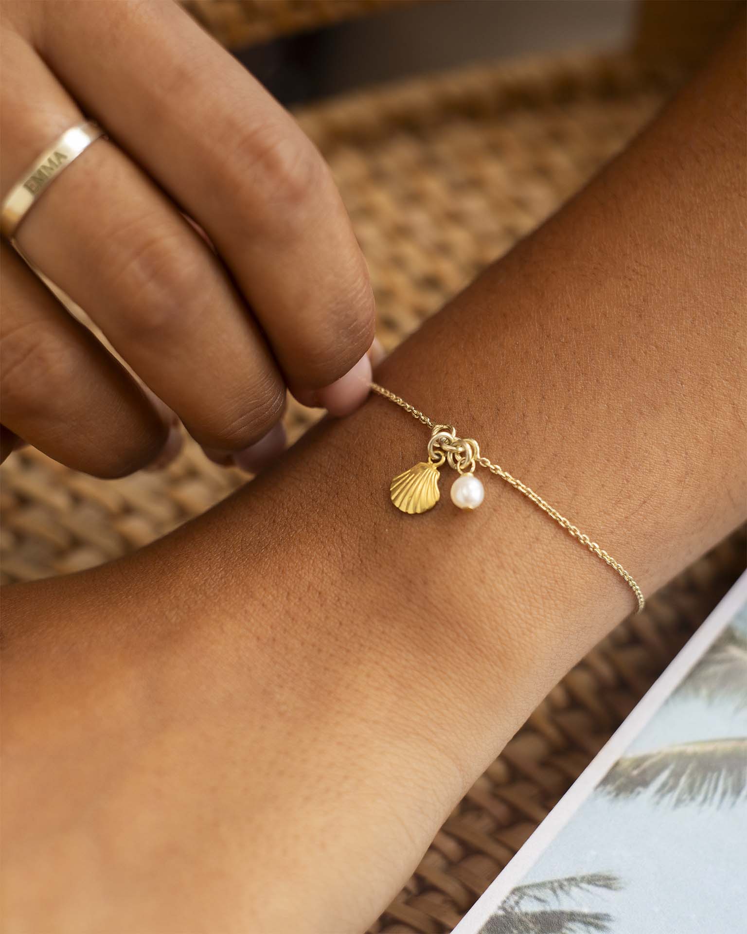 Gold Seashell and Pearl Personalised Slider Bracelet