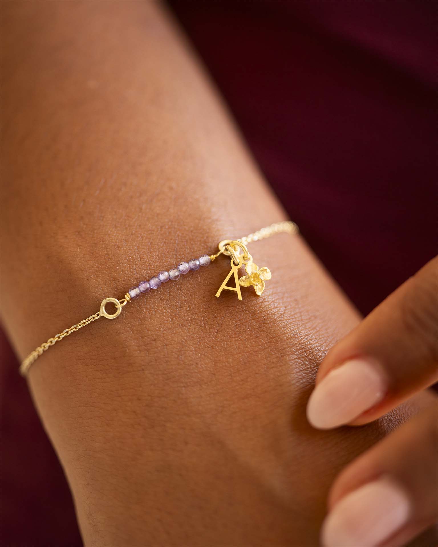 Gold Semi-Precious Birthstone Bar Letter and Birth Flower Slider Bracelet