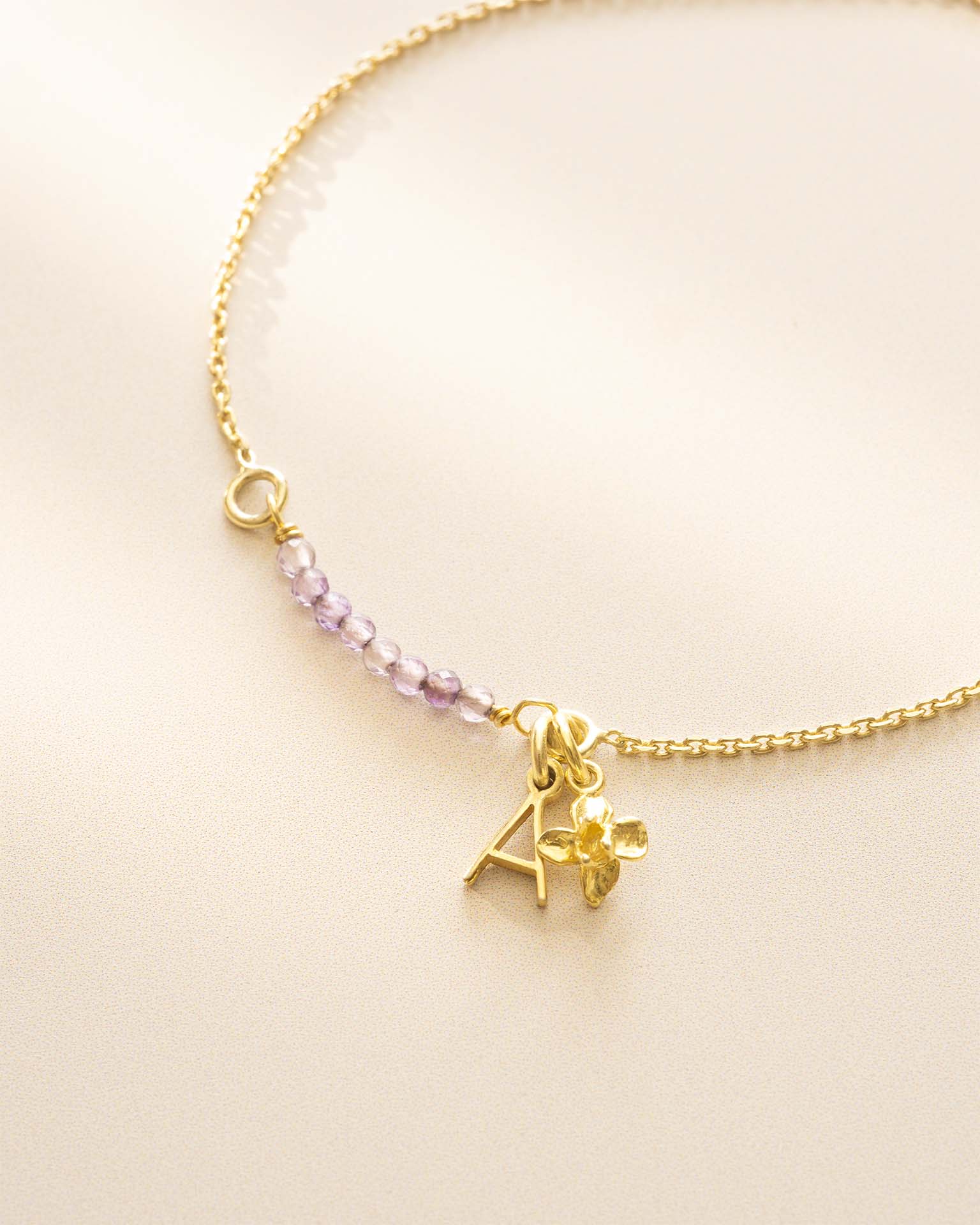 Gold Semi-Precious Birthstone Bar Letter and Birth Flower Slider Bracelet