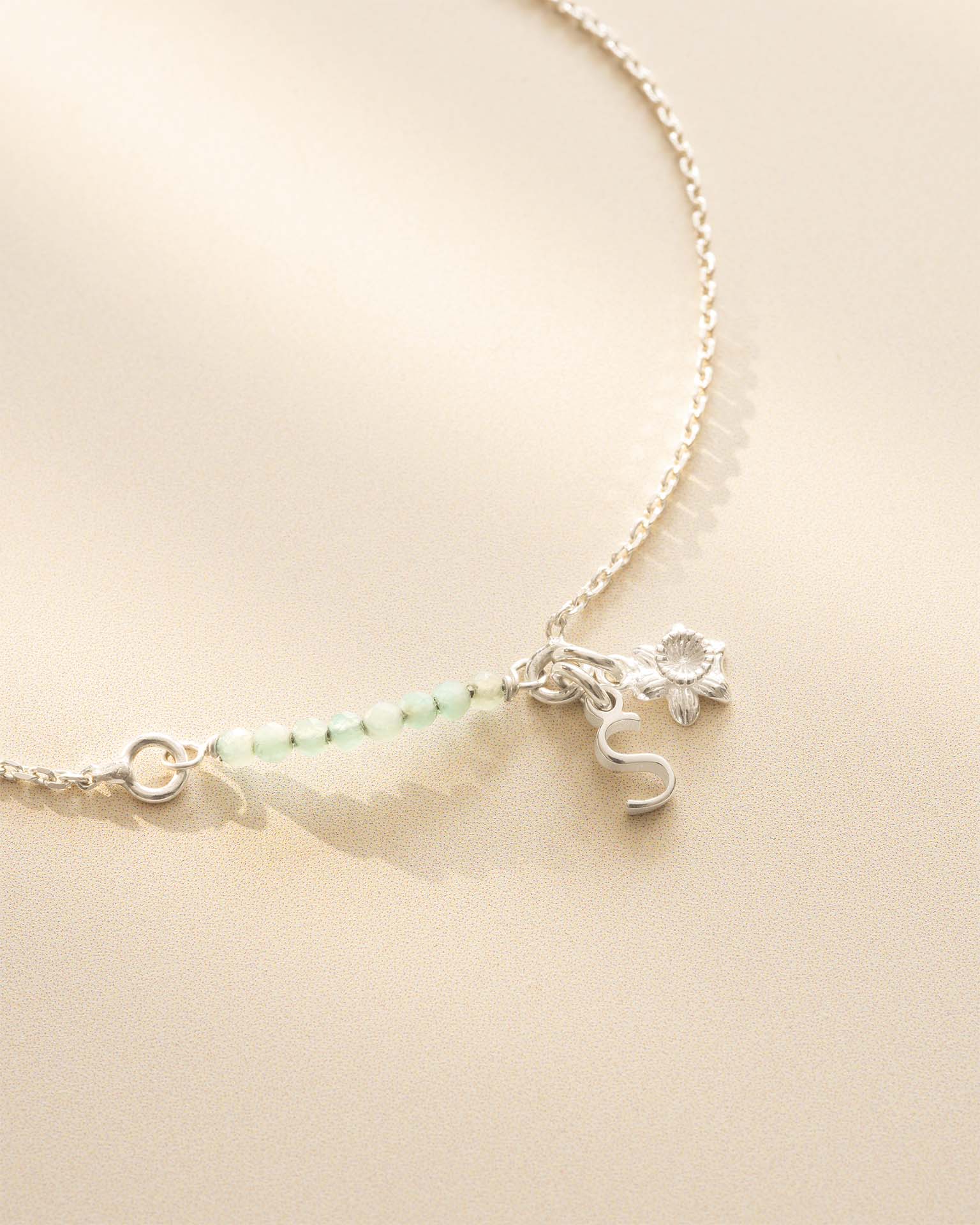 Silver Semi-Precious Birthstone Bar Letter and Birth Flower Slider Bracelet