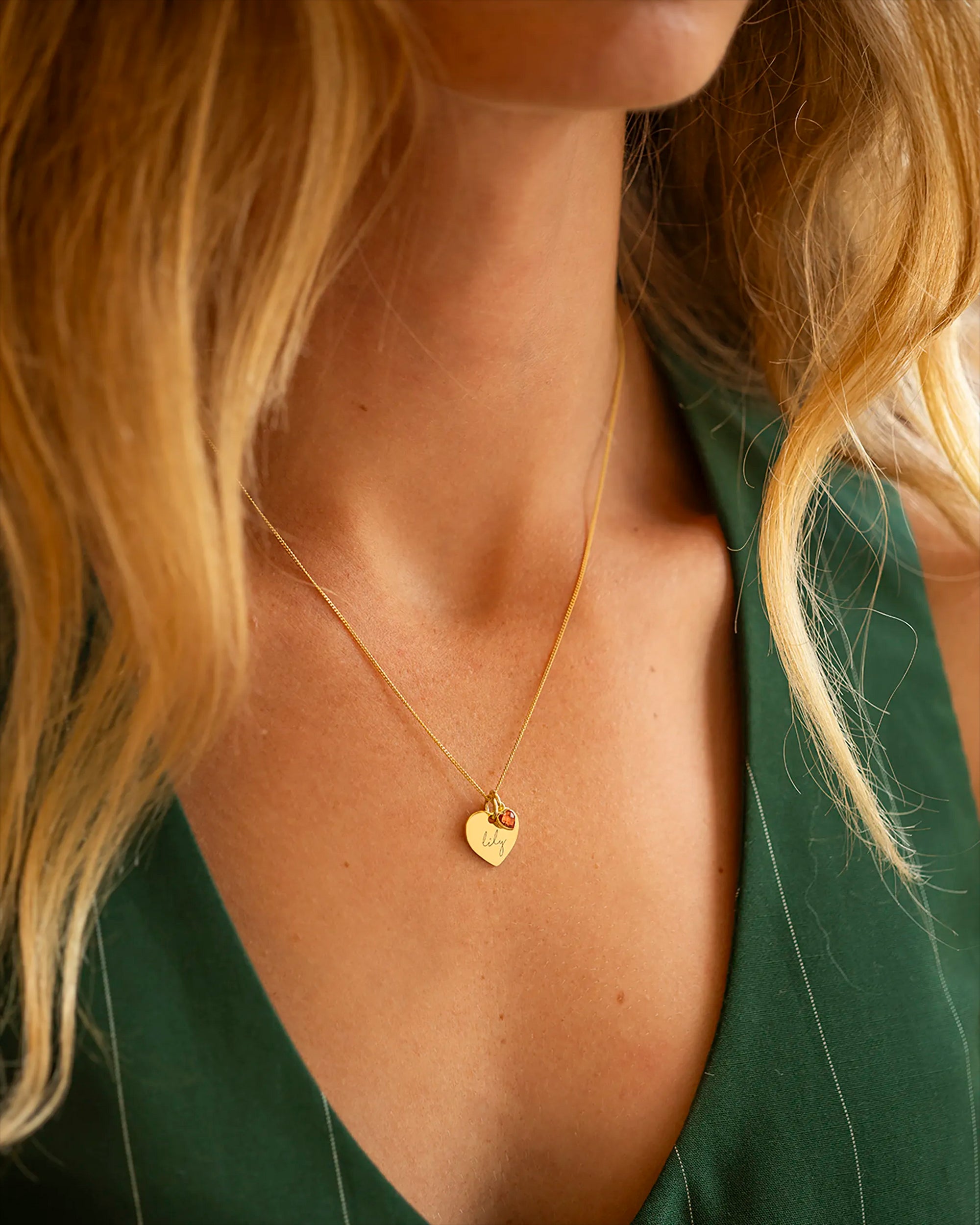 Gold Esme Heart and Heart Birthstone Personalised Name Necklace