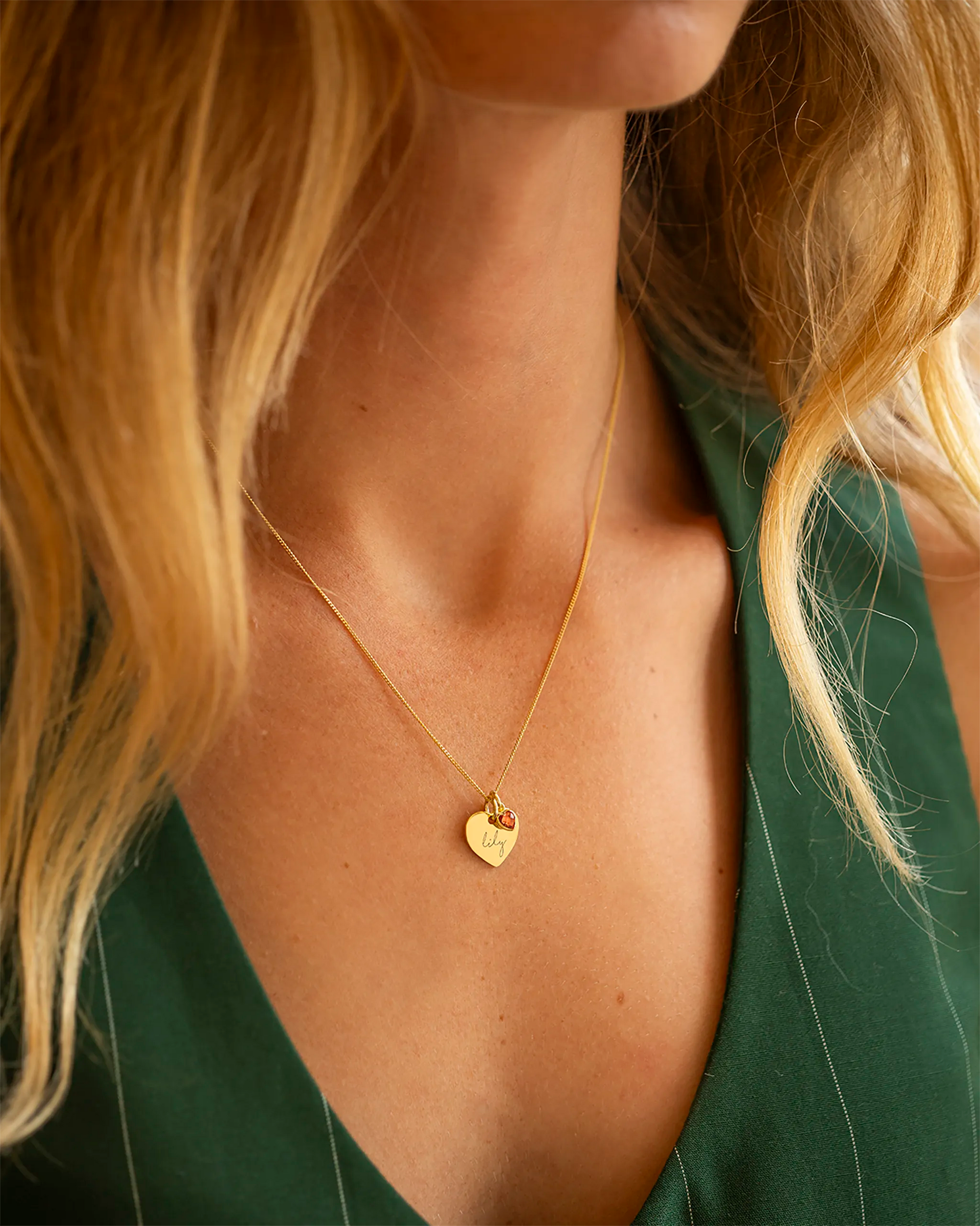 Gold Esme Heart and Heart Birthstone Personalised Name Necklace