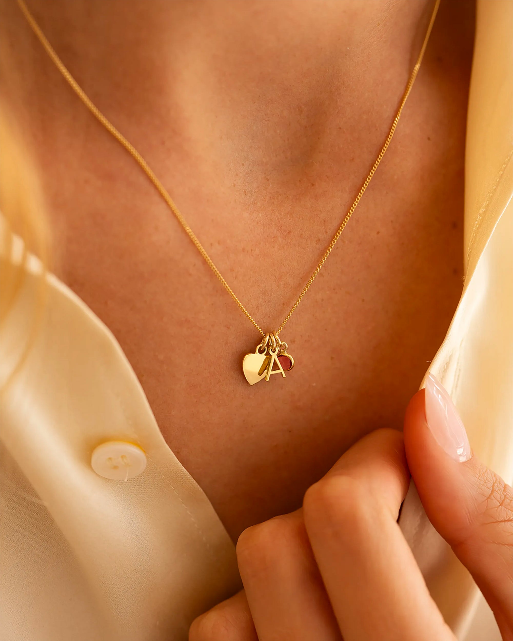 Gold Heart, Mini Letter and Birthstone Personalised Necklace