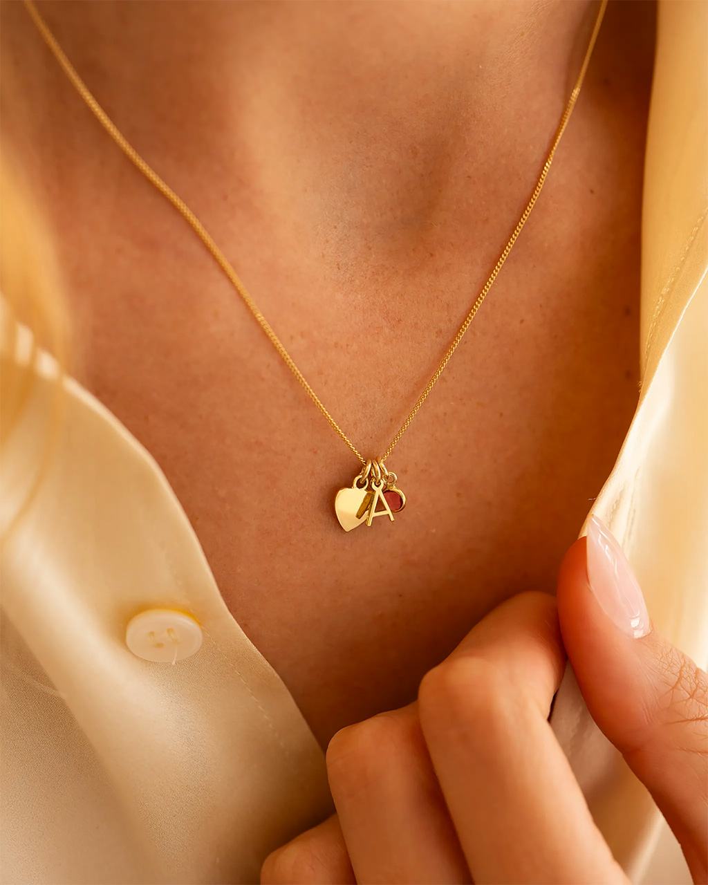 Gold Heart, Mini Letter and Birthstone Personalised Necklace