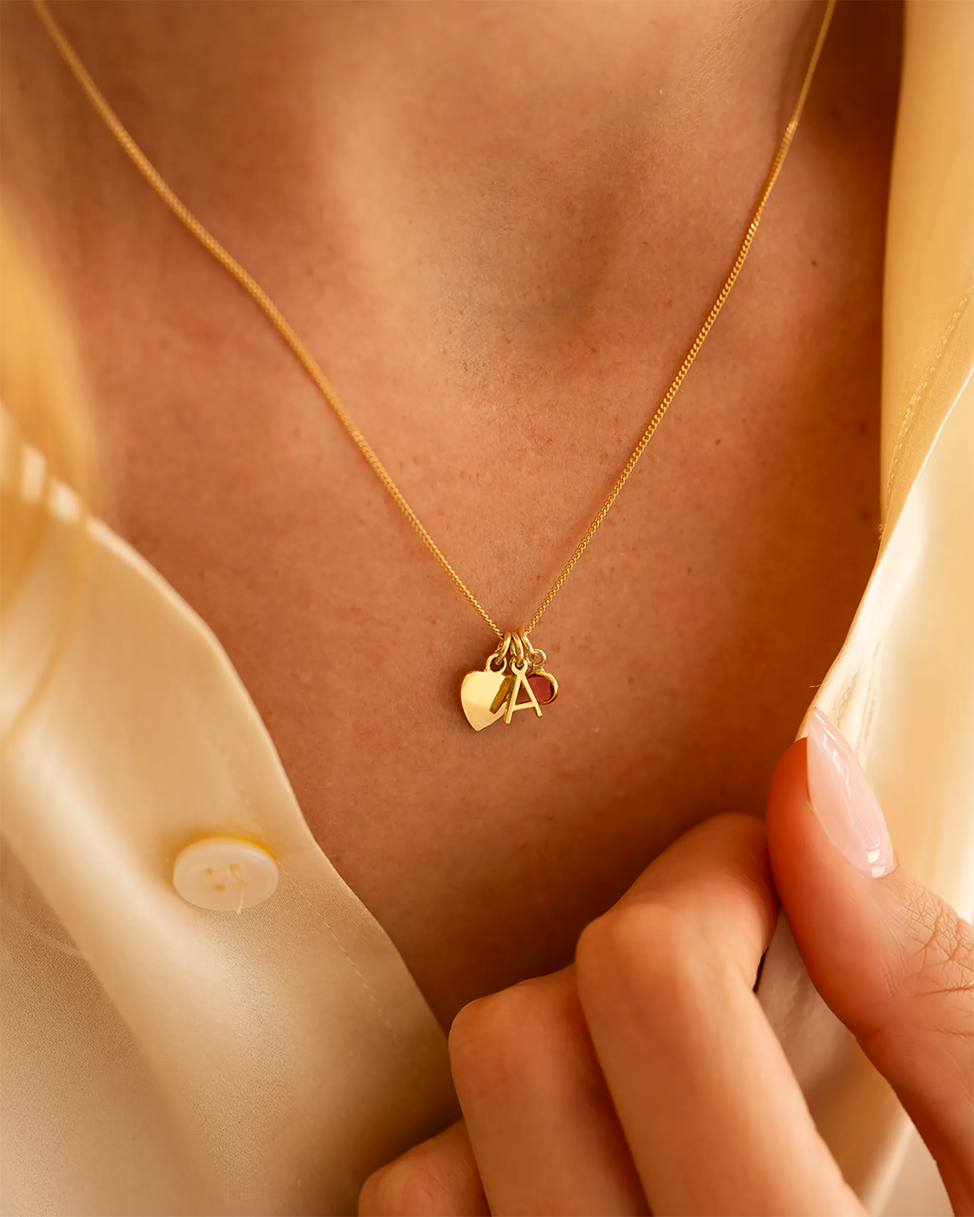 Gold Heart, Mini Letter and Birthstone Personalised Necklace