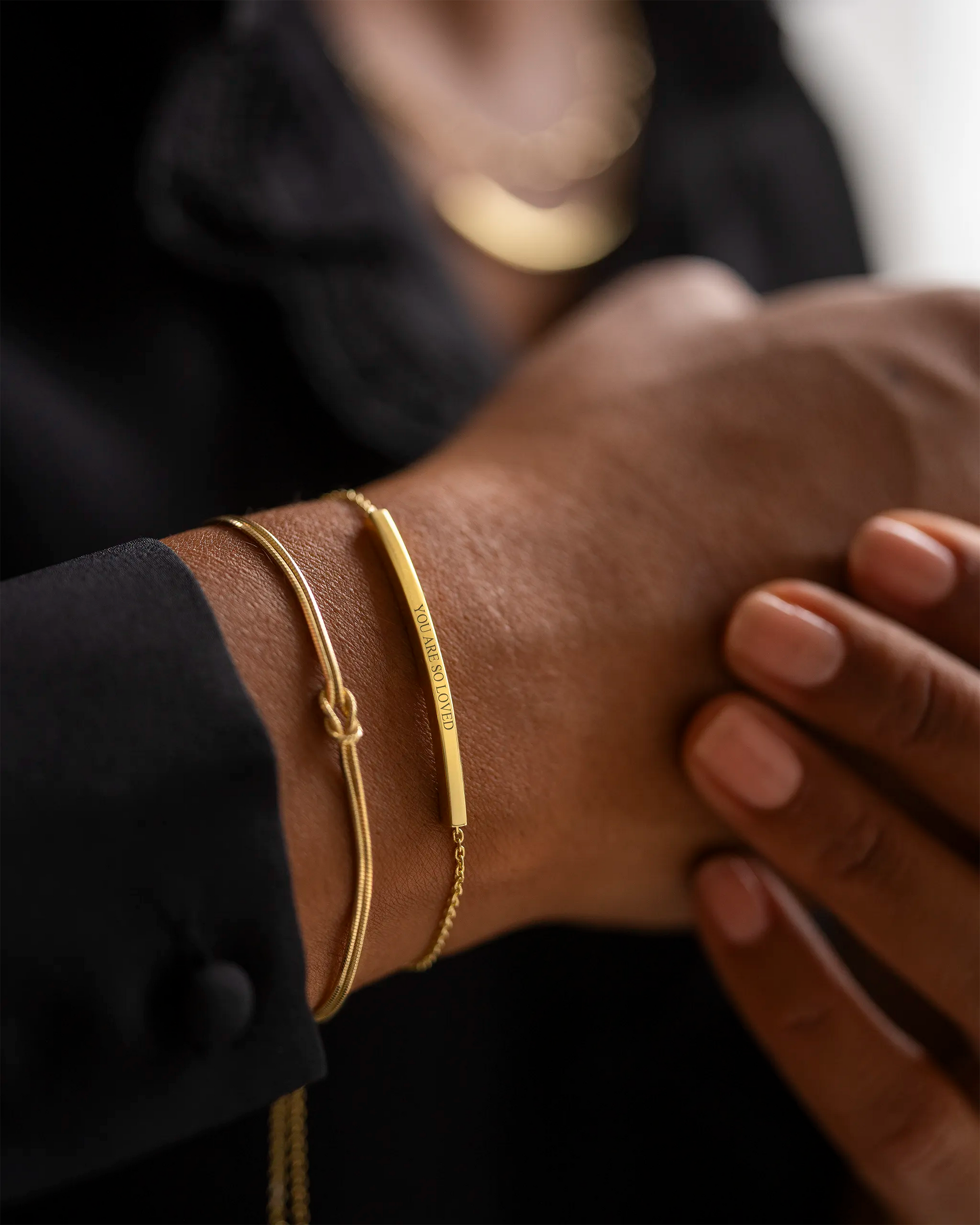 Gold Curved Skinny Bar Personalised Message Bracelet
