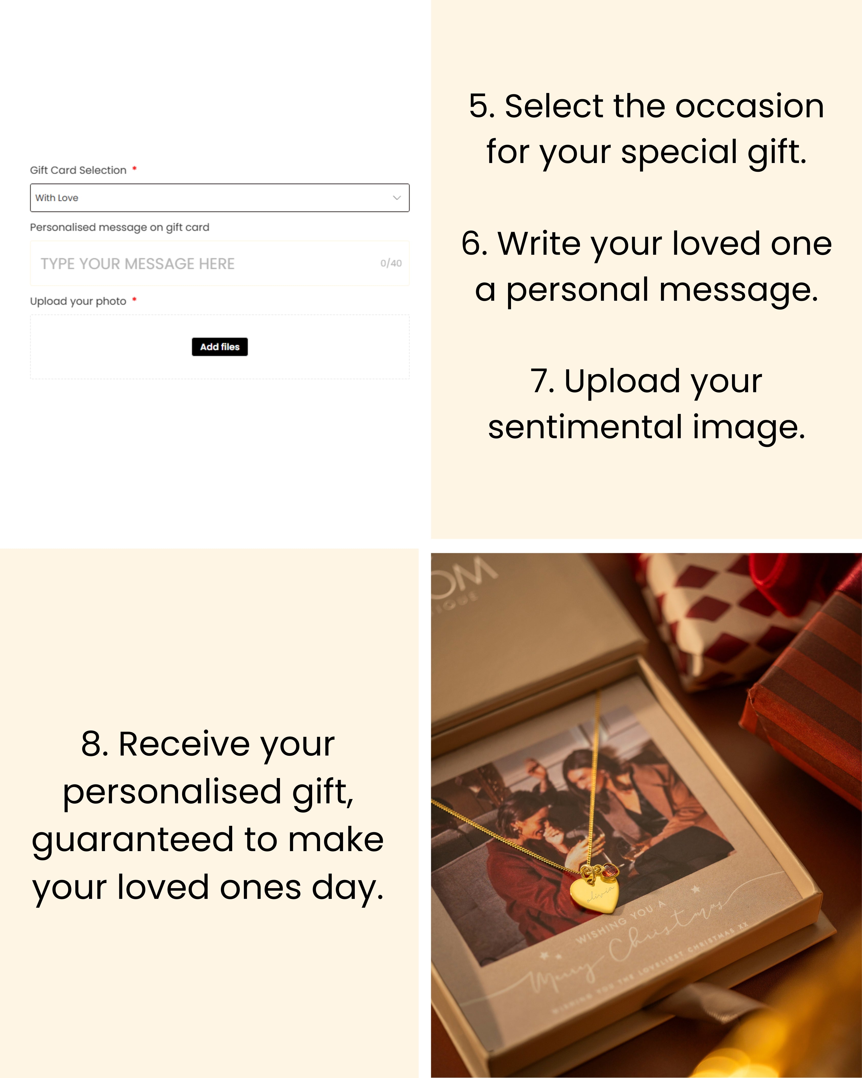 Step-by-step guide for personalizing a gift with text and an image of a necklace and box.