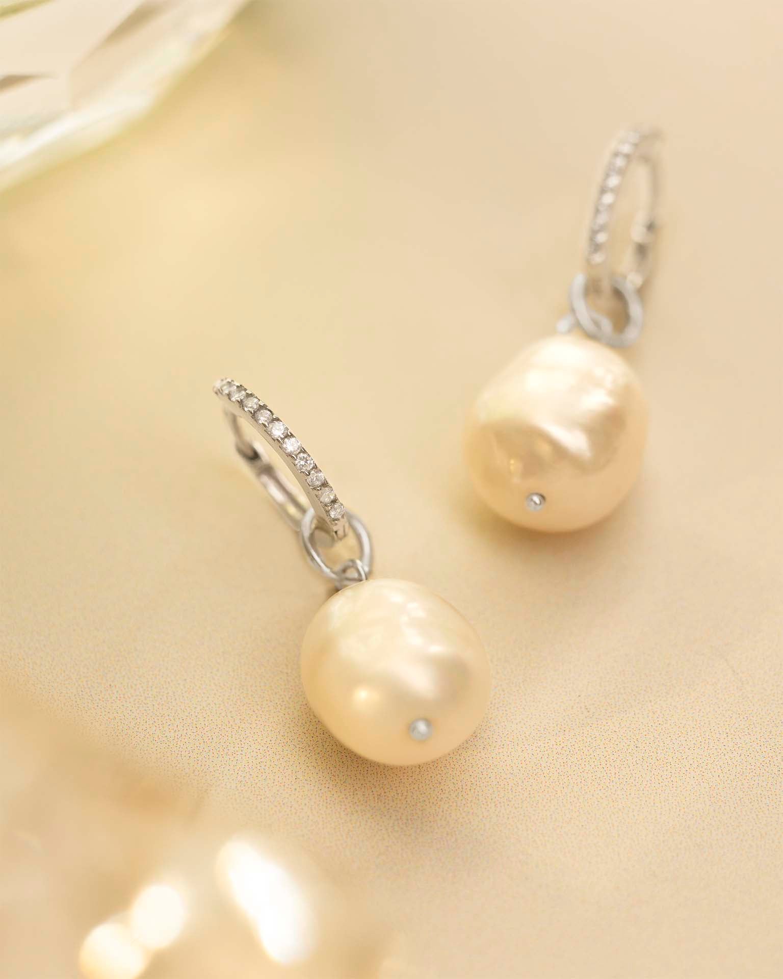 Silver Crystal Huggie Hoop Freshwater Pearl Earrings