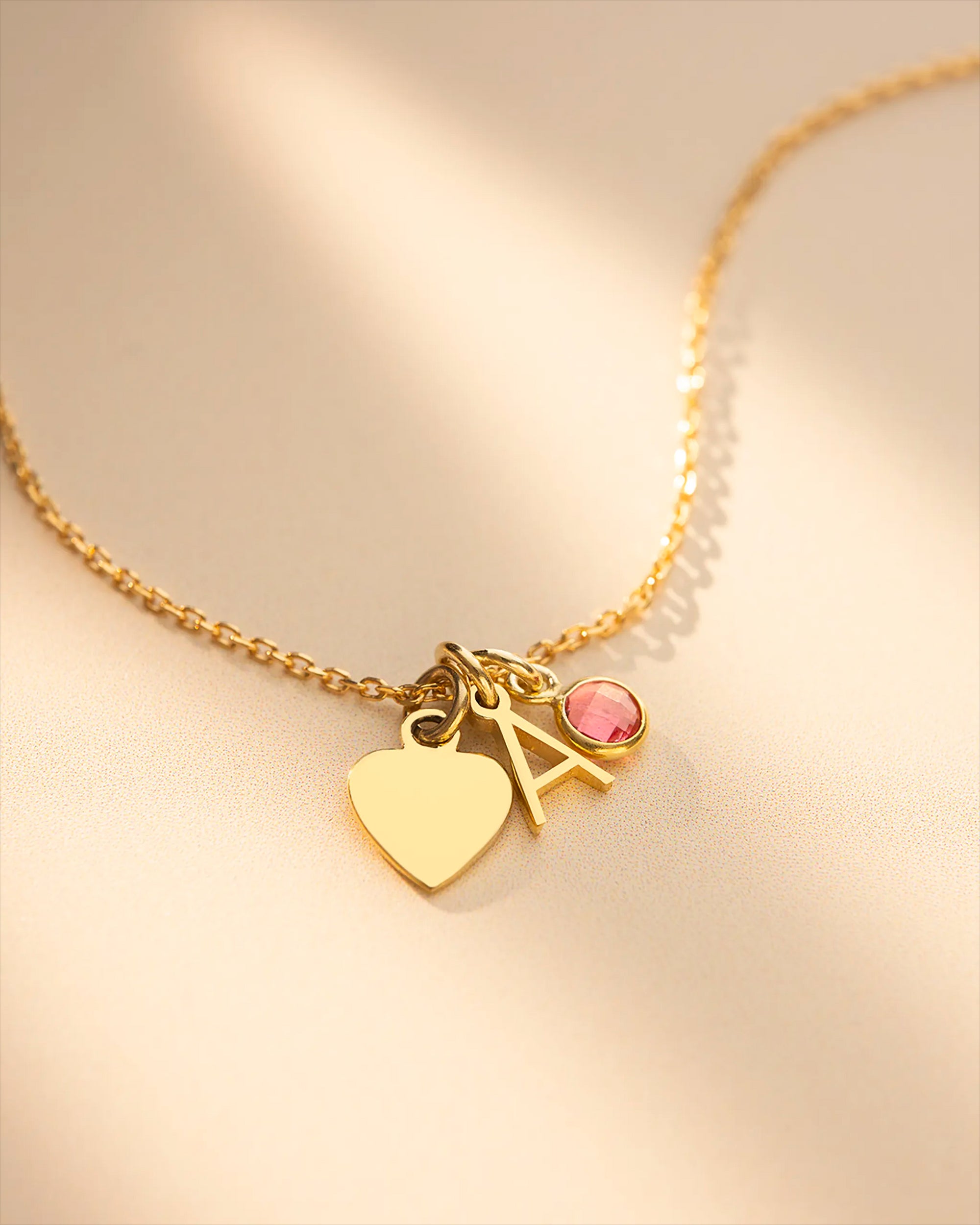 Gold Heart, Mini Letter and Birthstone Personalised Necklace