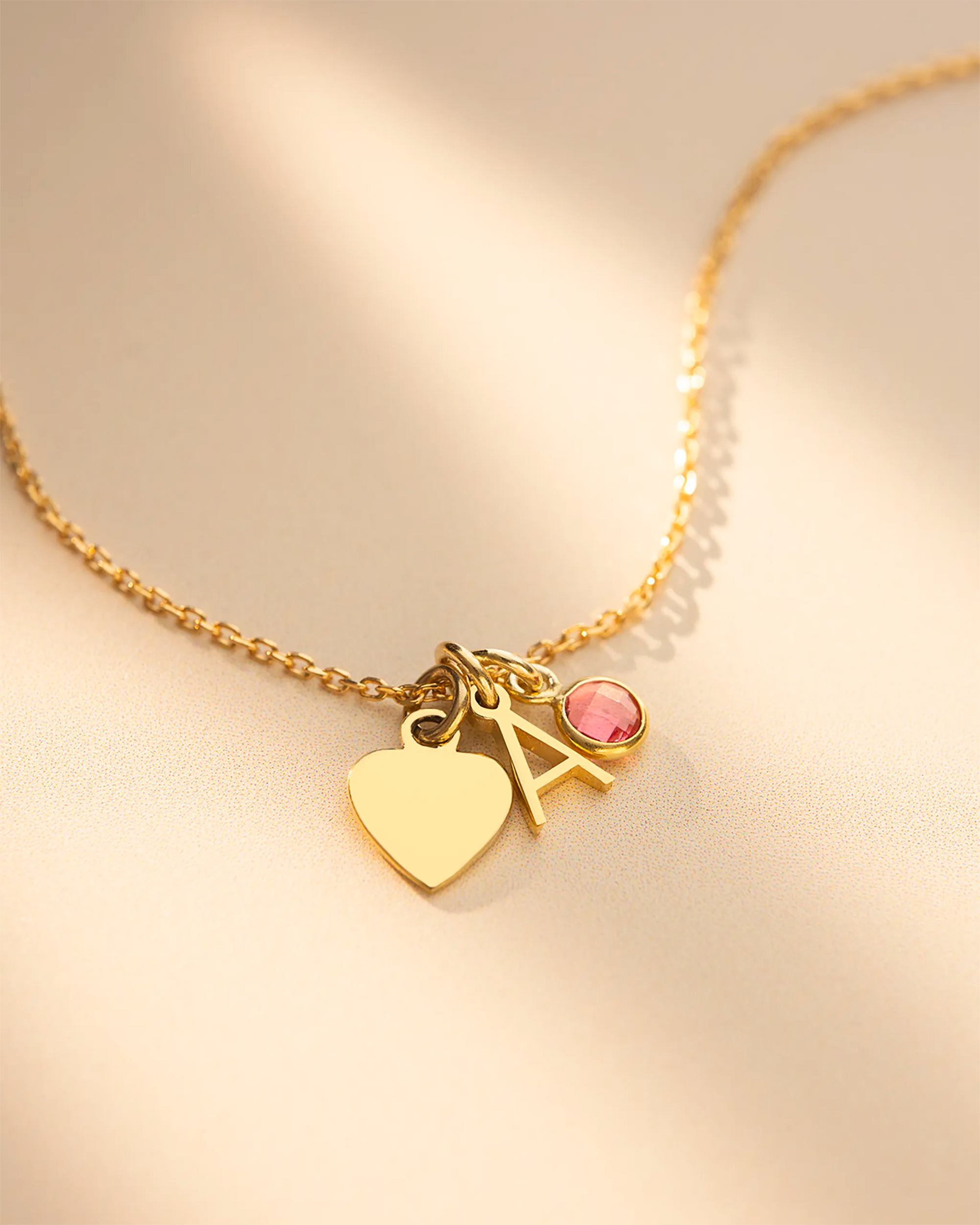 Gold Heart, Mini Letter and Birthstone Personalised Necklace
