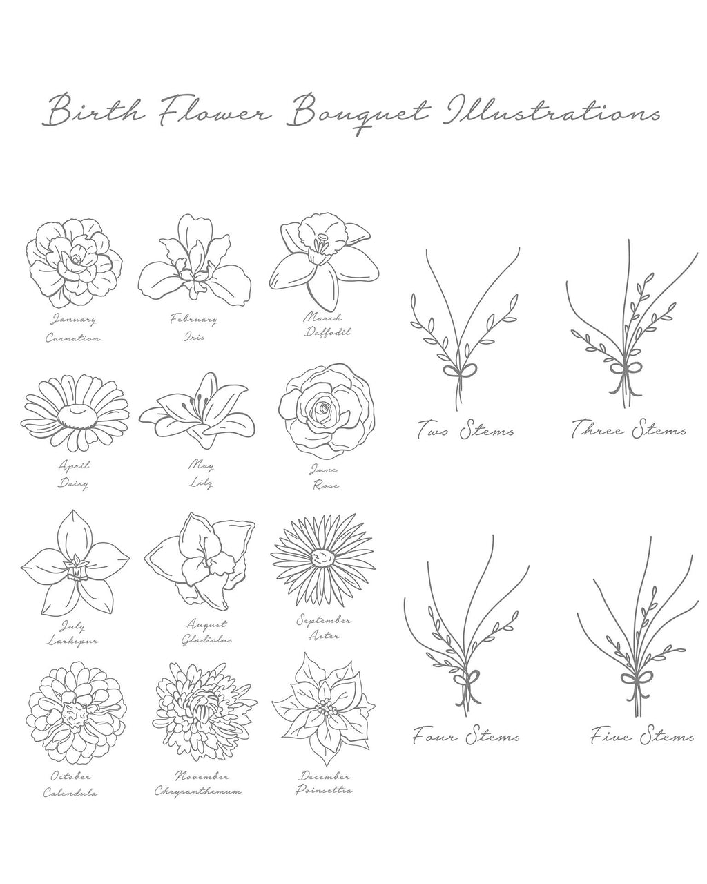 Illustrations of various floral designs with corresponding names on a white background.