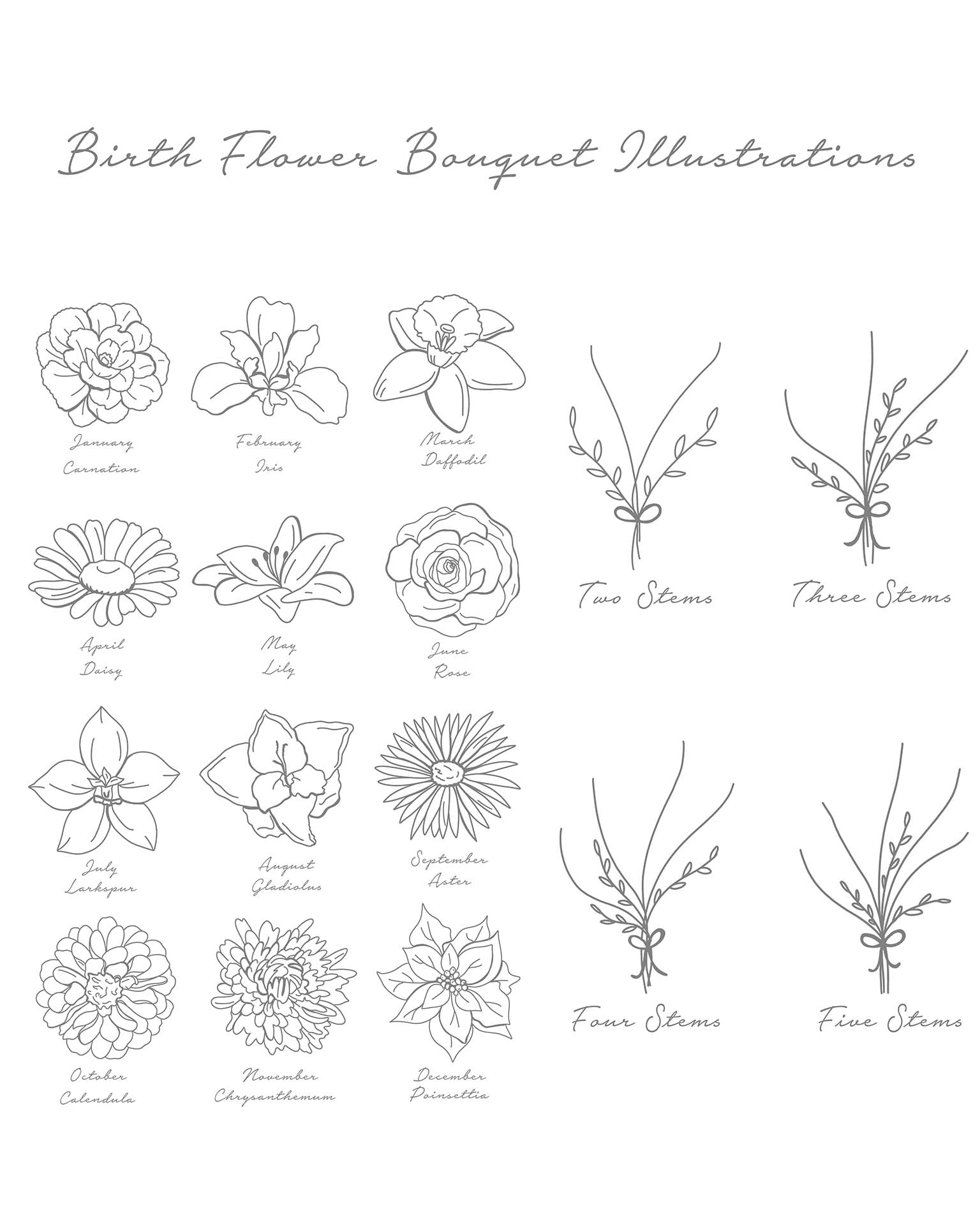 Illustrations of various floral designs with corresponding names on a white background.