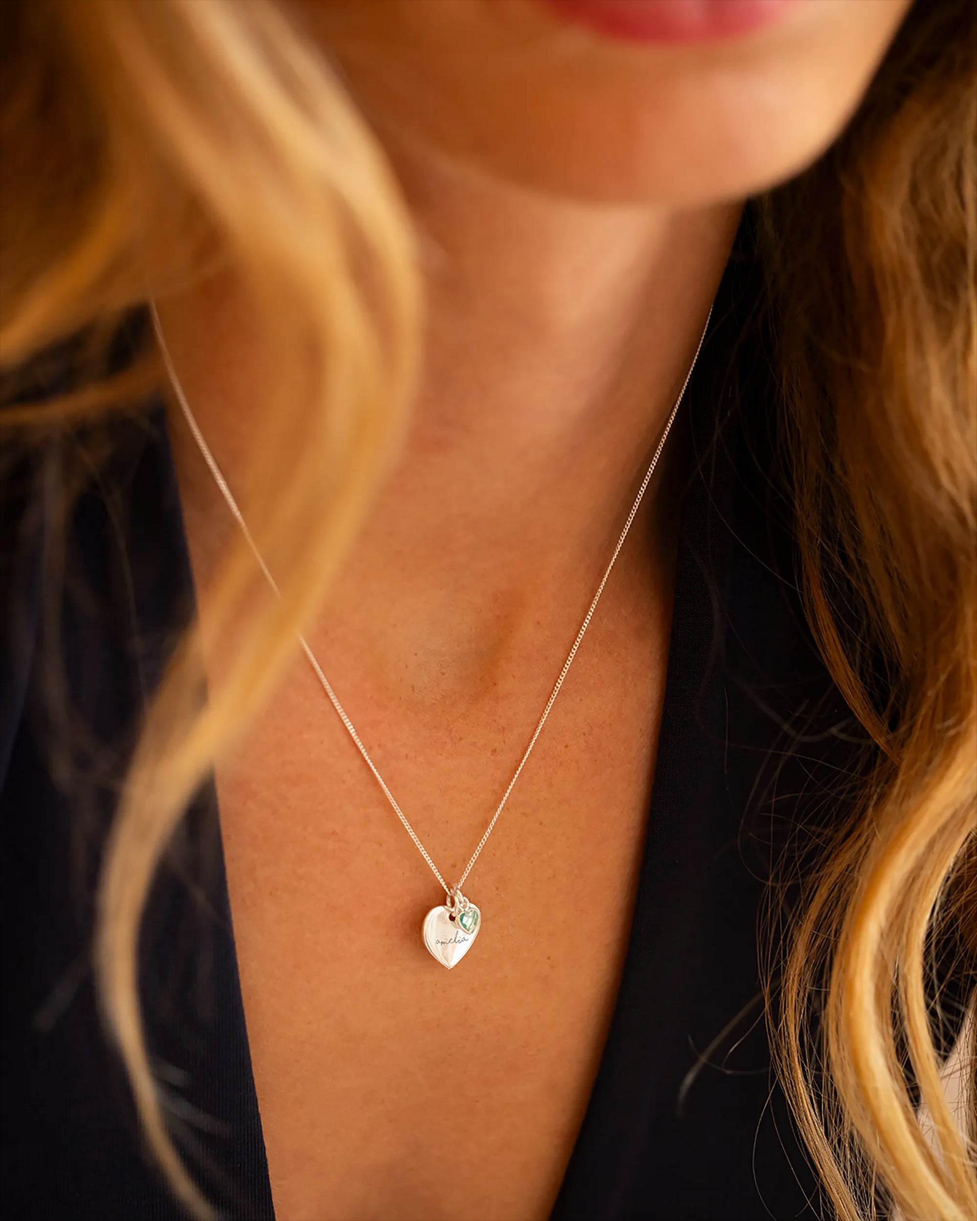 Silver Esme Heart and Heart Birthstone Personalised Name Necklace