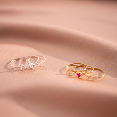 Sterling Silver Gemstone Heart and Initial Stacking Ring Set