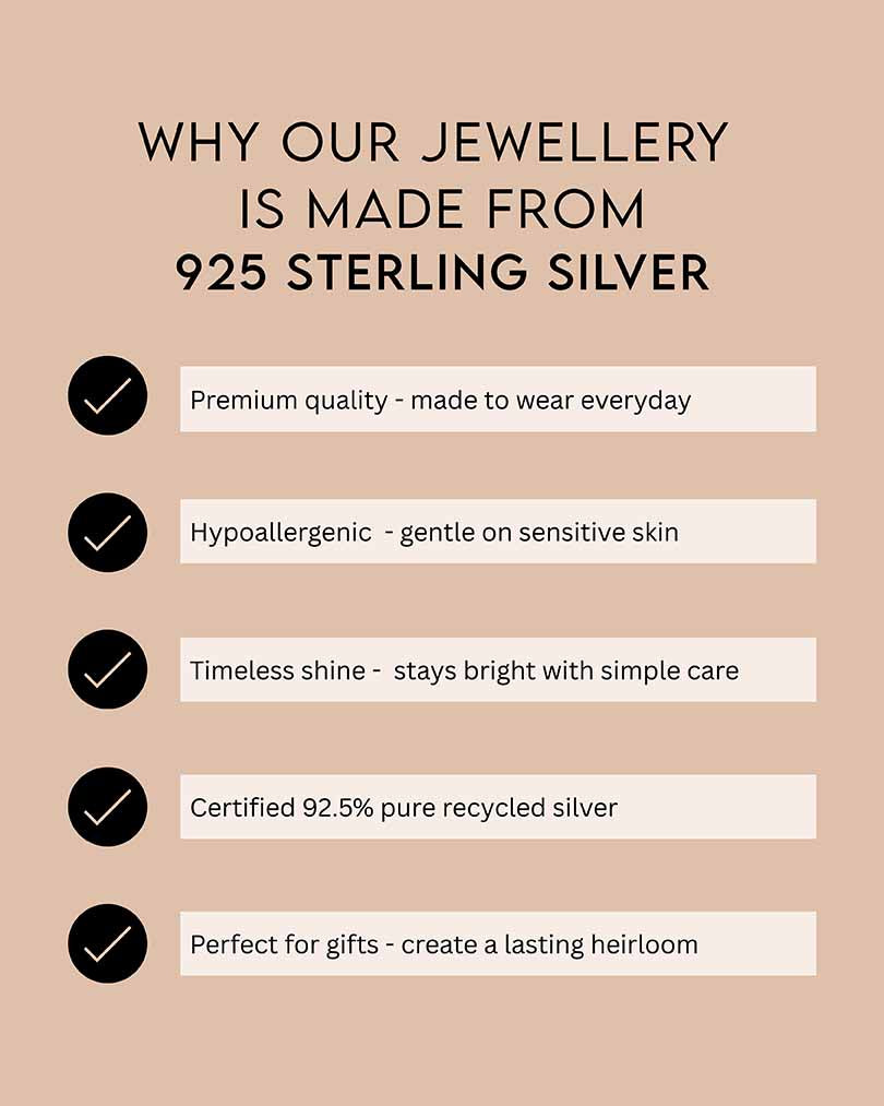 Text detailing why jewelry is made from 925 sterling silver on a beige background