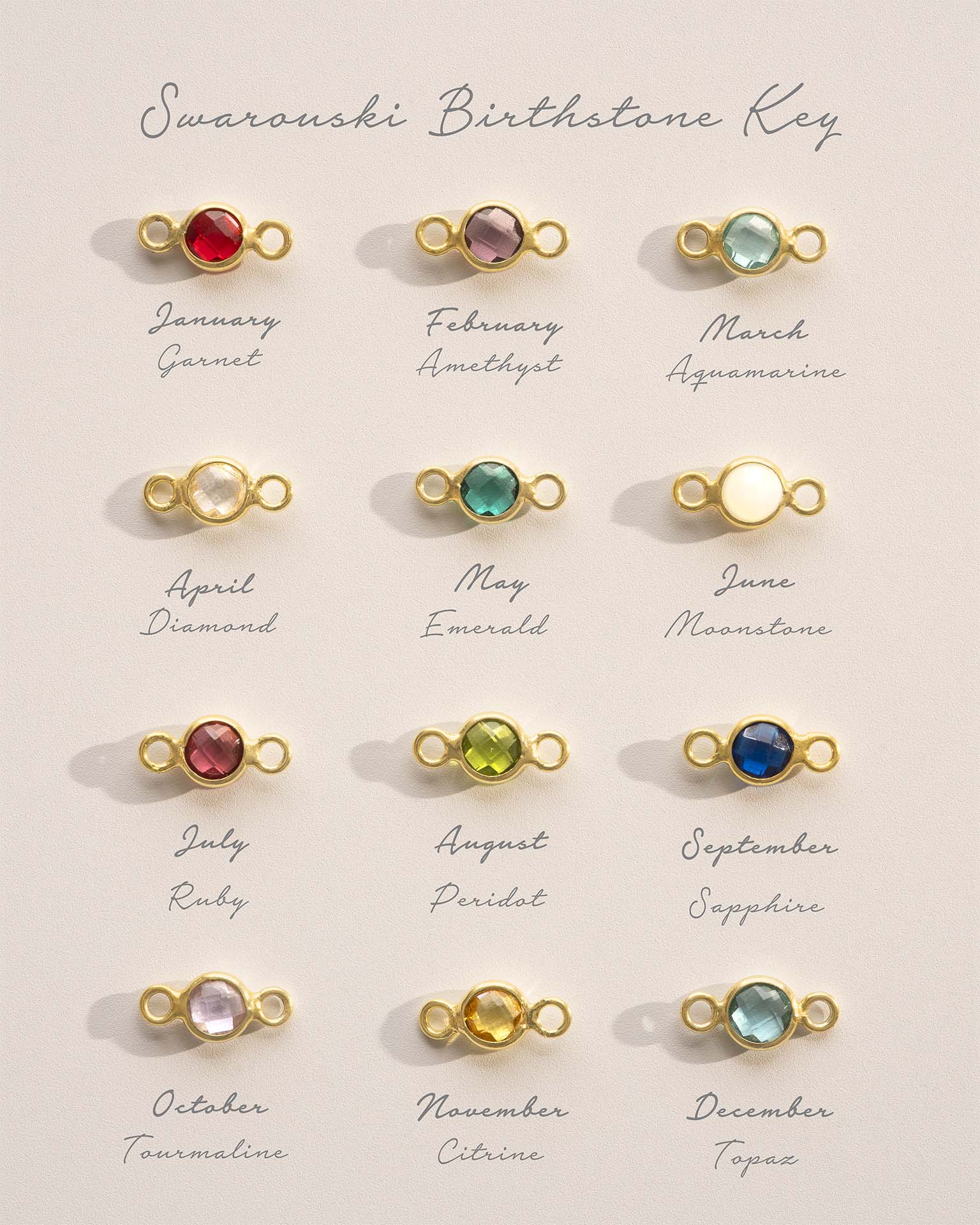 Collection of Swarovski birthstone key charms with corresponding months and gemstones on a beige background.