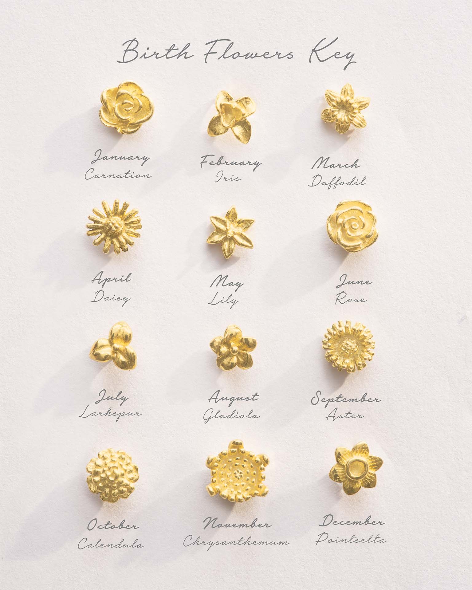 Set of gold floral earrings corresponding to each month's birth flower on a light background