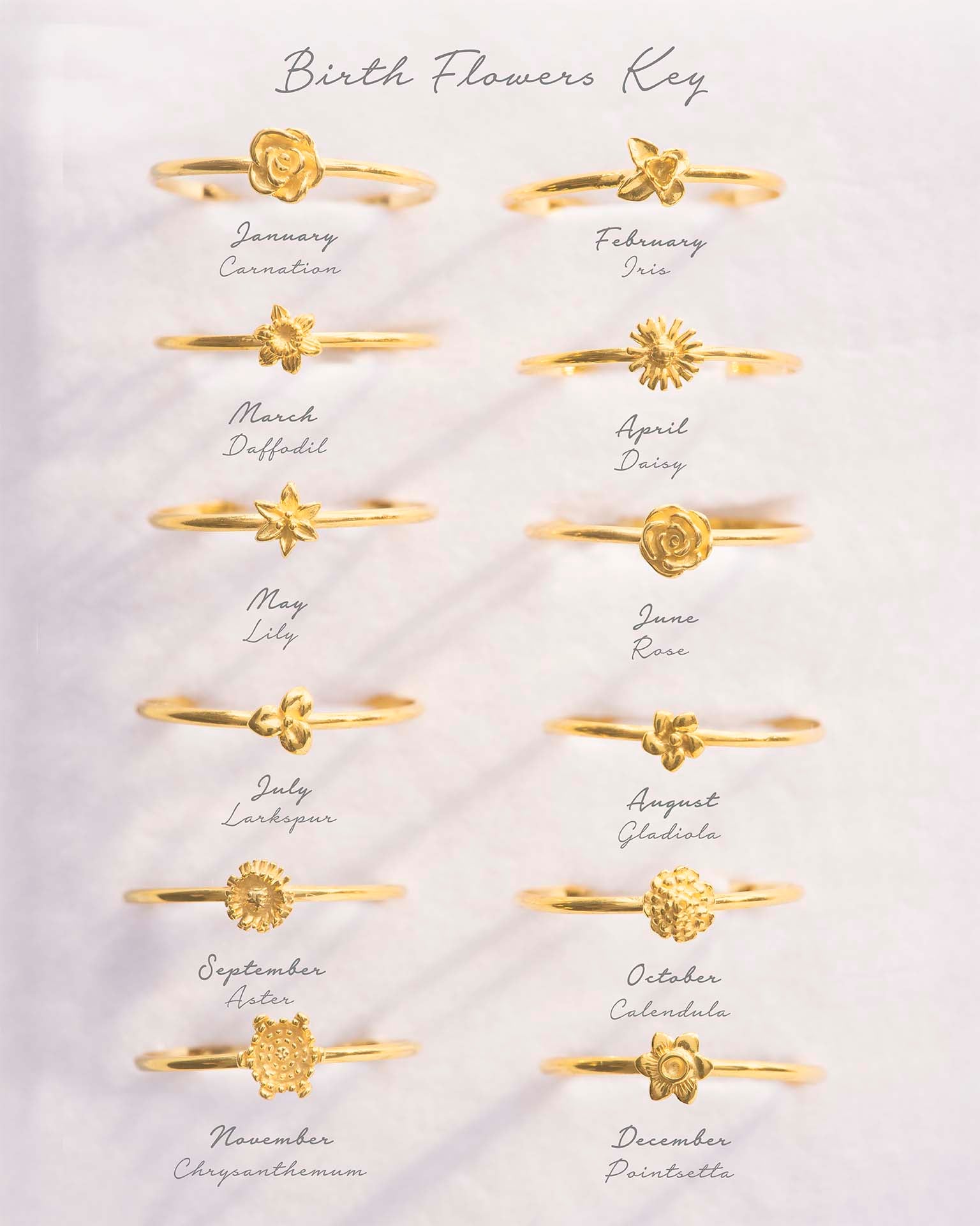 Set of gold rings corresponding to each month's birth flower on a light gray background.