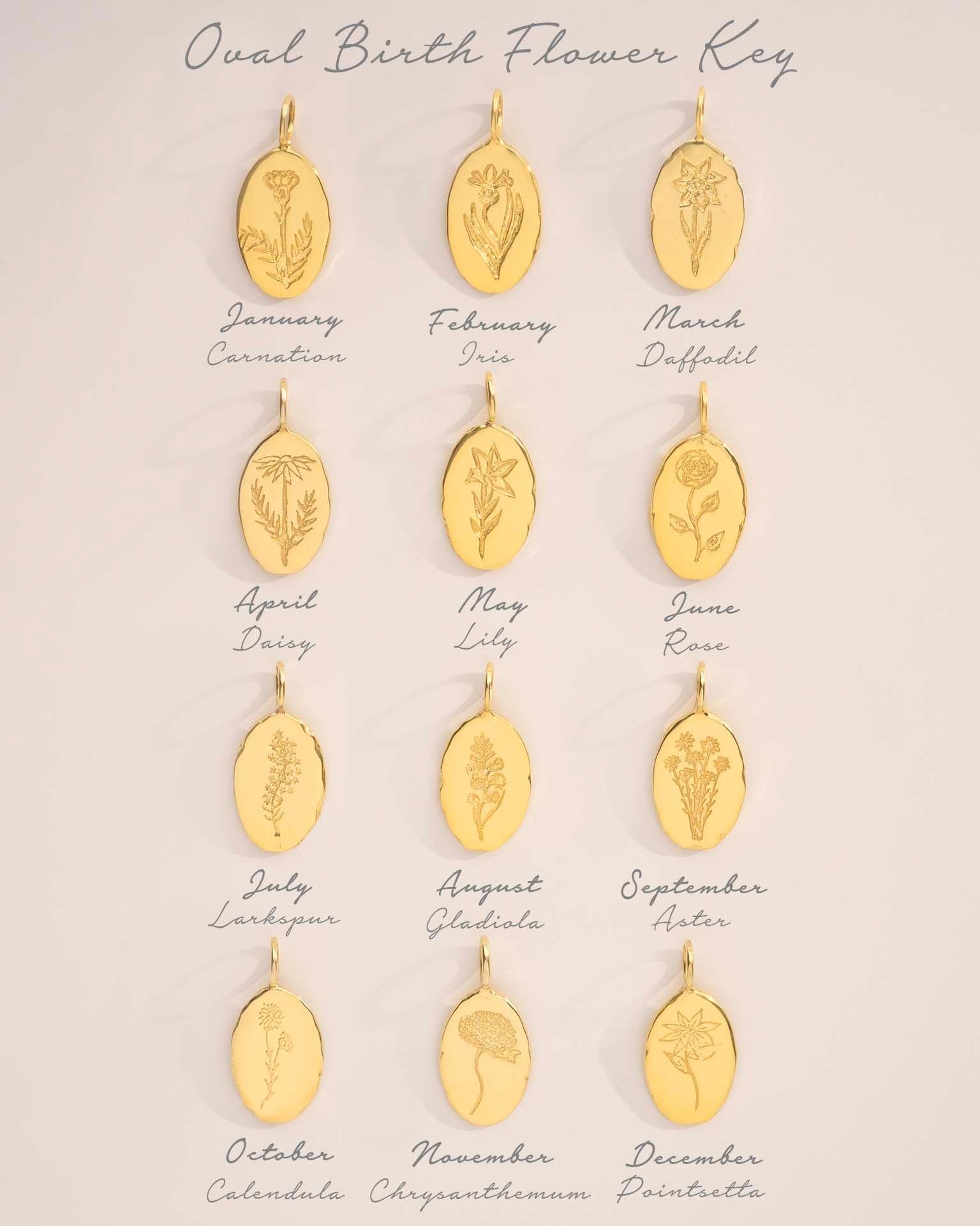 Gold earrings with birth flower names on a beige background