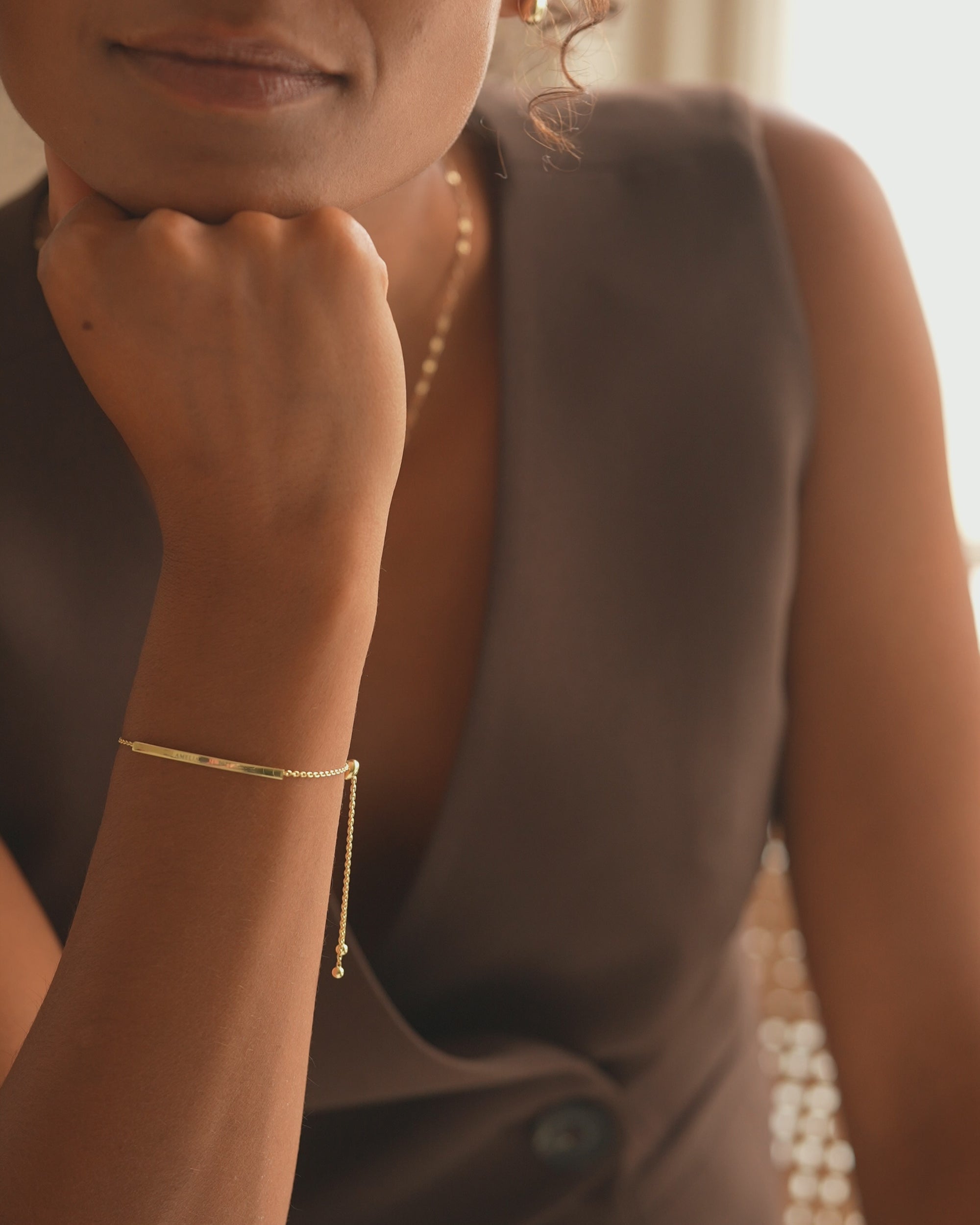 Gold Curved Skinny Bar Personalised Message Bracelet