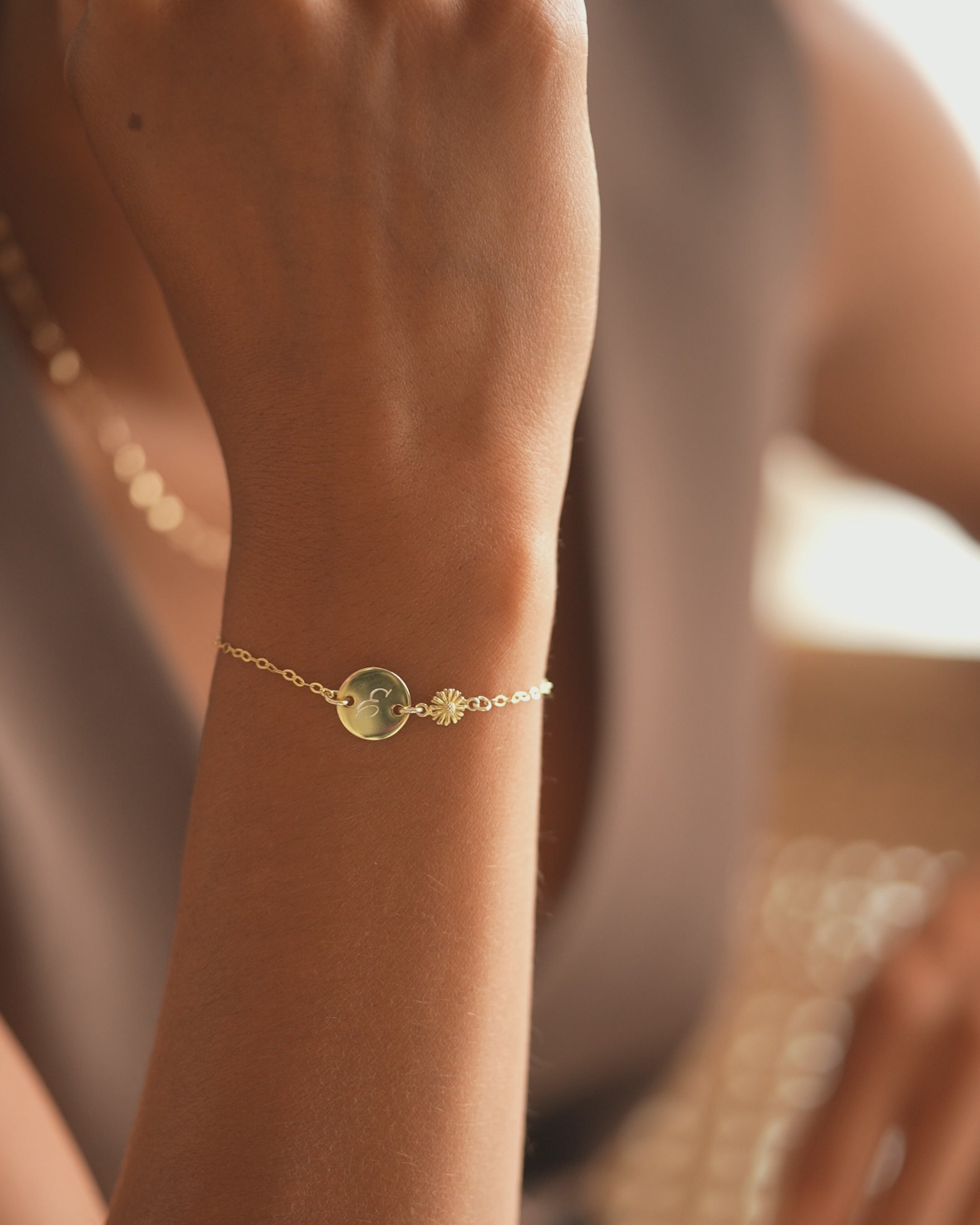 Silver Initial Disc and Birth Flower Personalised Bracelet