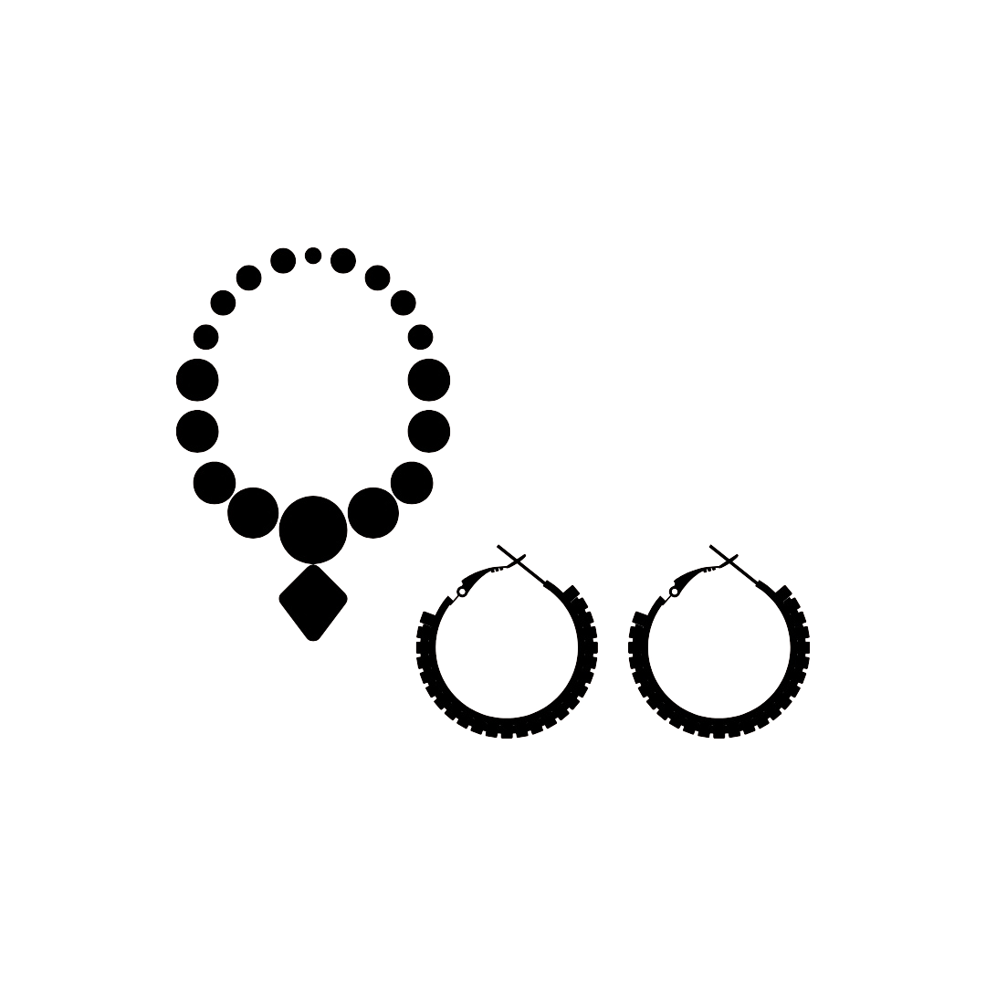 Black jewelry set including a necklace and two hoop earrings on a white background