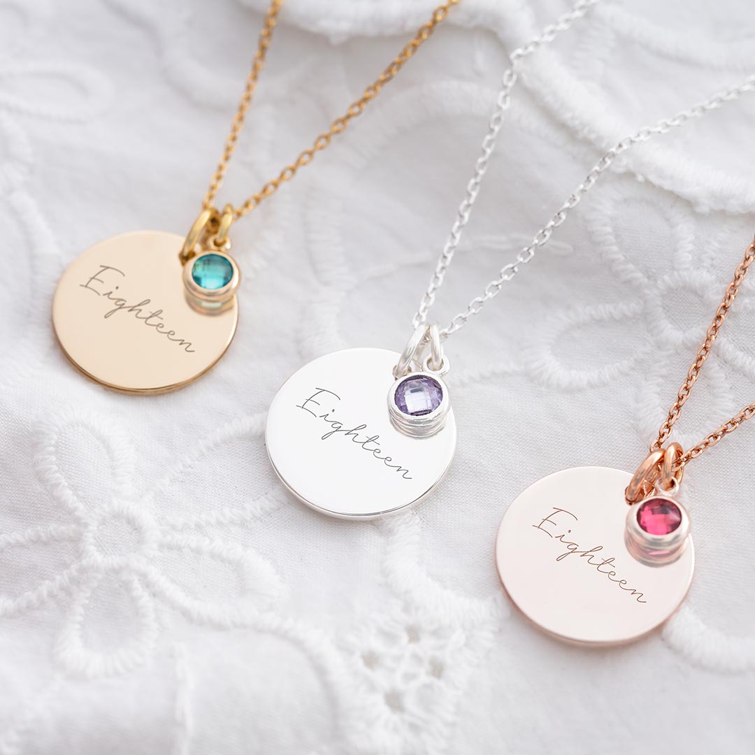 18th Birthday Disc And Birthstone Personalised Name Necklace