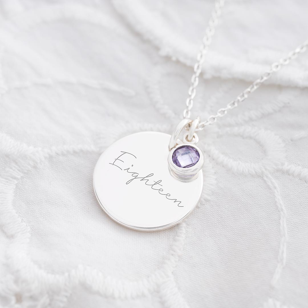 sterling silver 18th birthday disc and birthstone name necklace