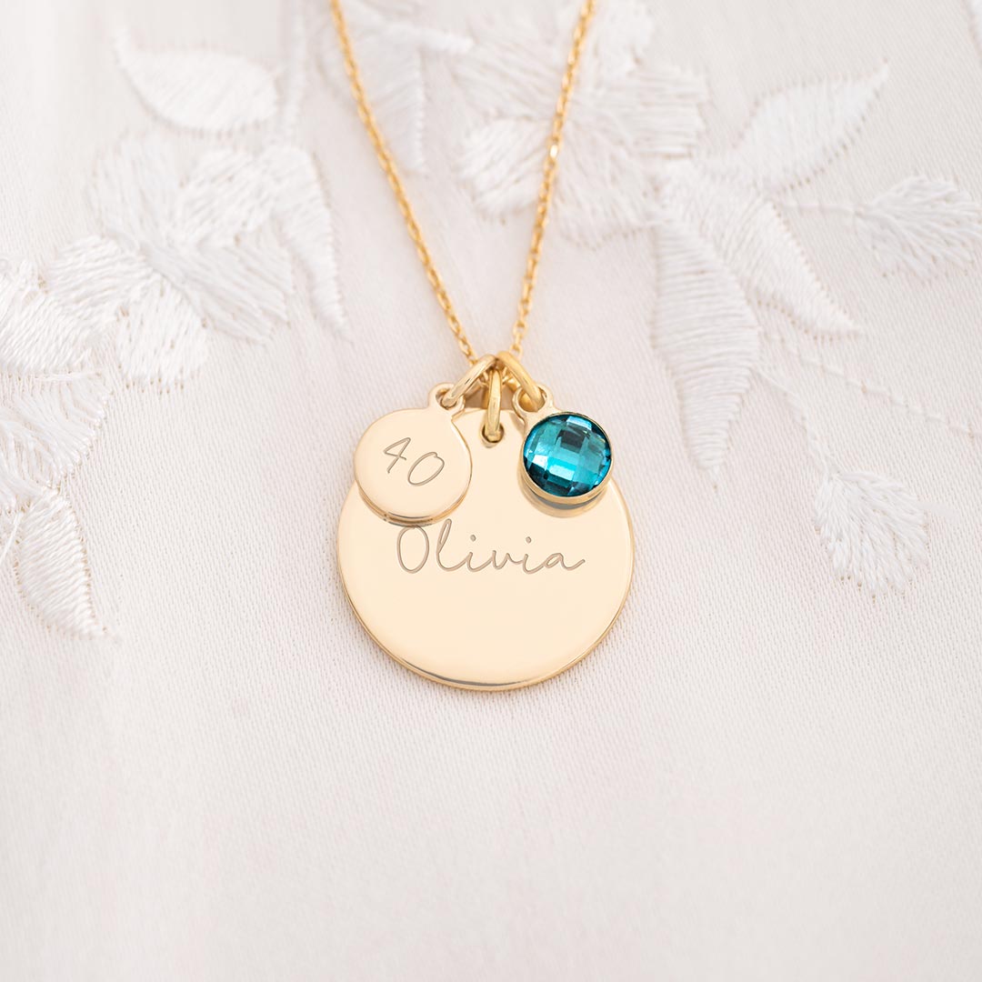 Champagne Gold Plated Personalised 40th Birthday Disc Name Necklace with Age Engraving and Birthstone
