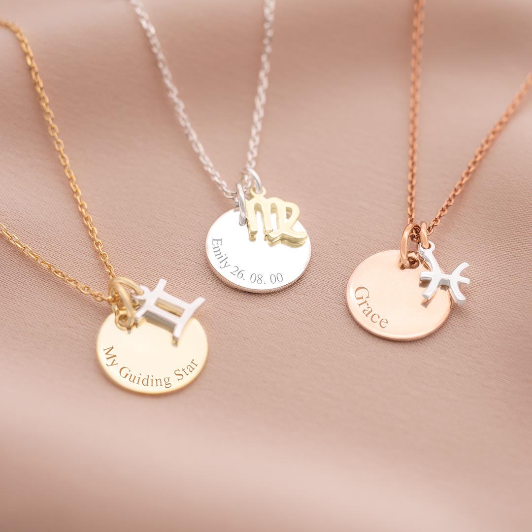 Sterling Silver Zodiac Charm and Disc Personalised Necklace