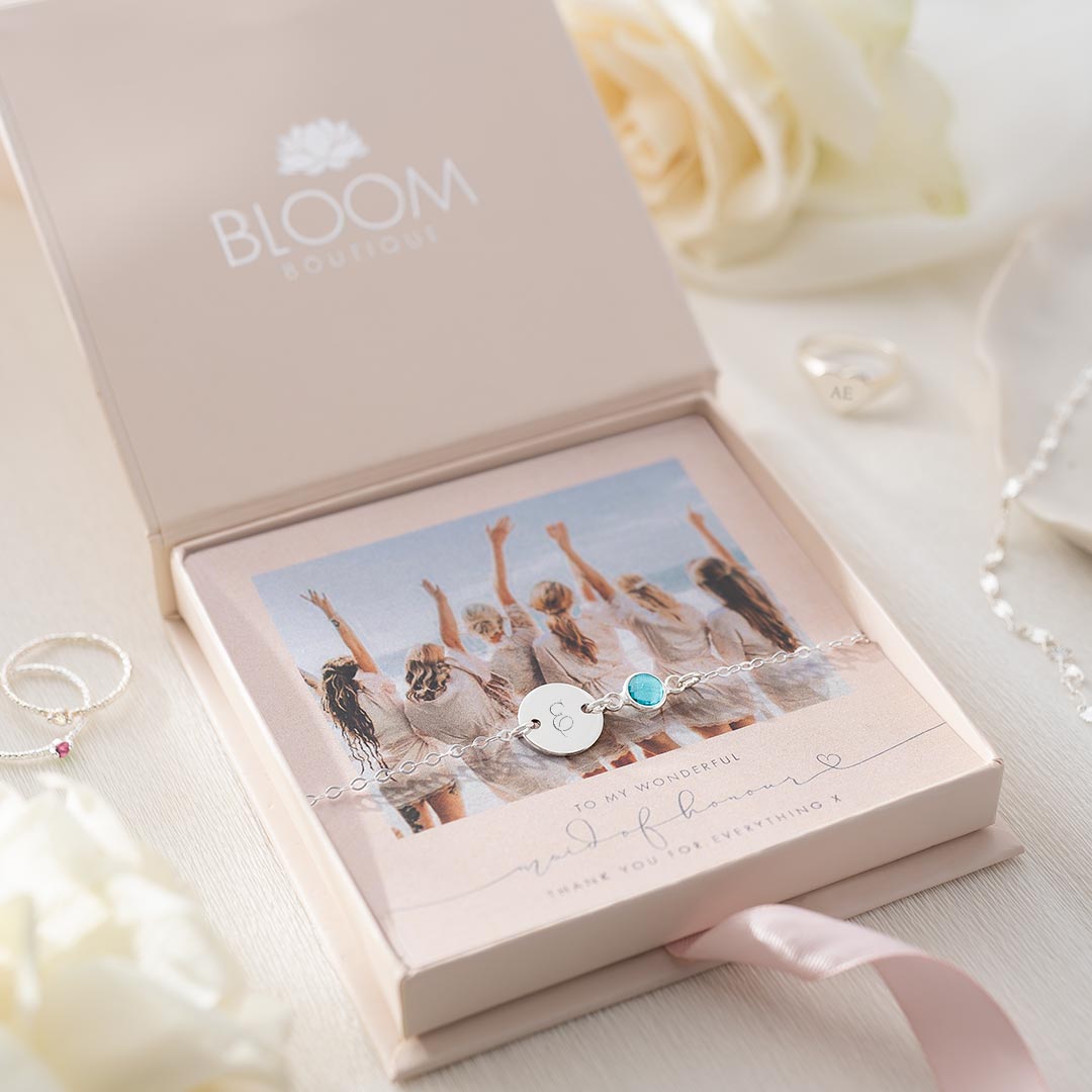 Personalised Initial Disc and Birthstone Bracelet Photo Bridesmaid Gift Set