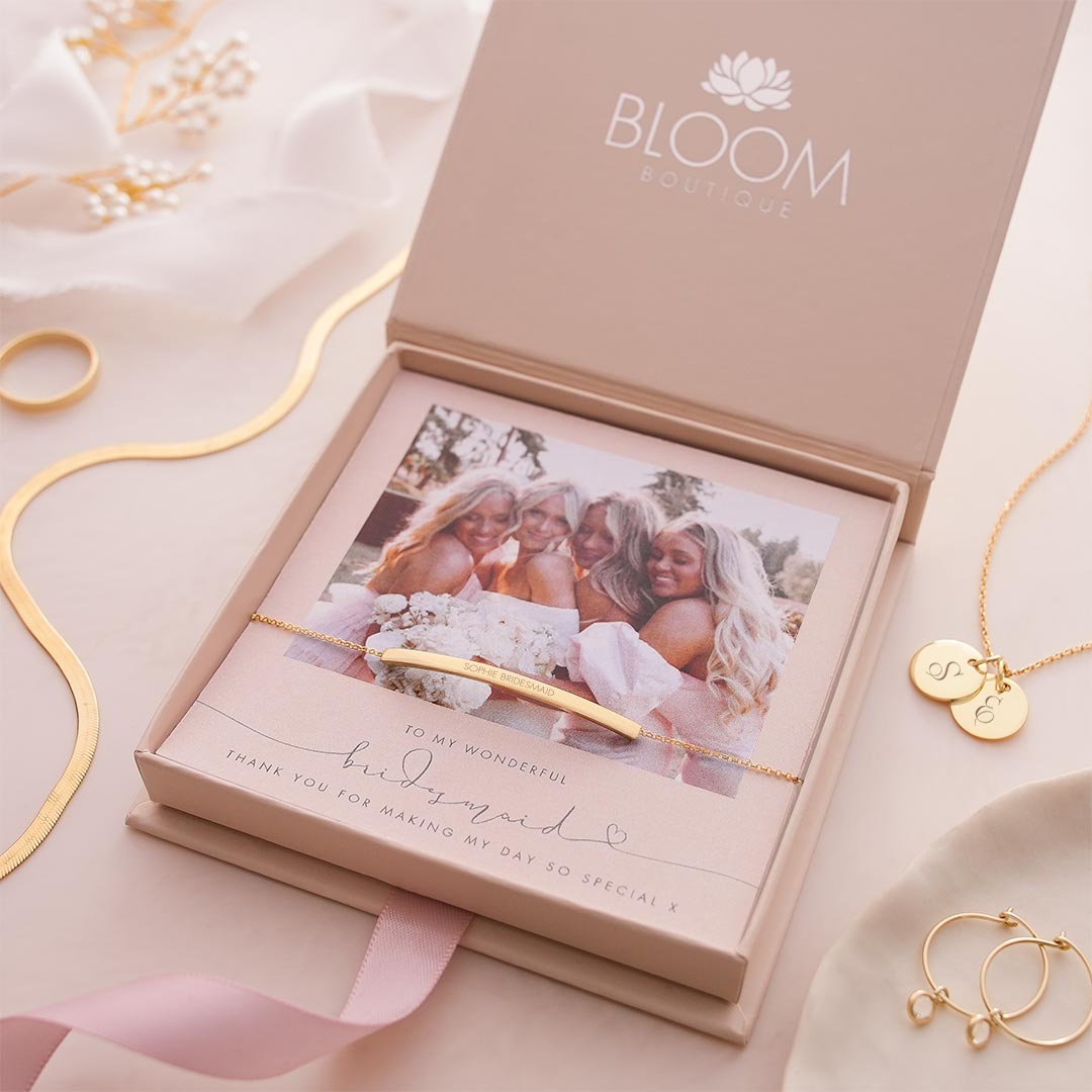 champagne gold plated curved skinny bar bracelet bridesmaid photo gift set