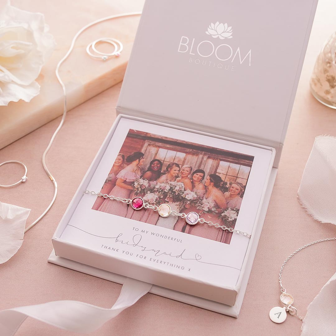 silver create your own family birthstone bracelet photo bridesmaid gift set
