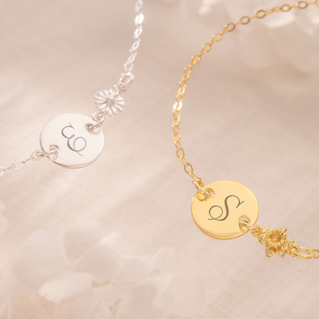 Sterling Silver Initial Disc and Birth Flower Personalised Bracelet
