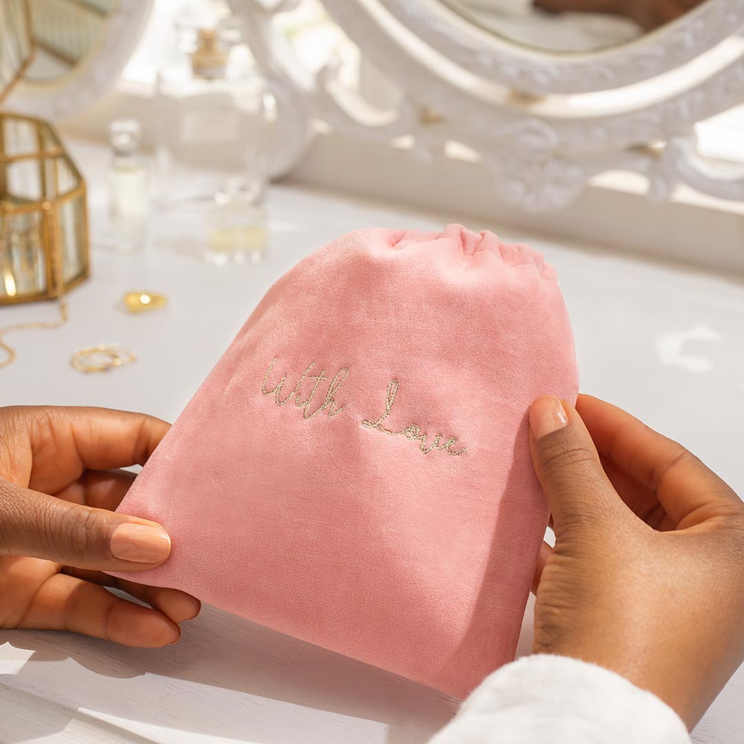 peony suede gift pouch embroidered with "with love"