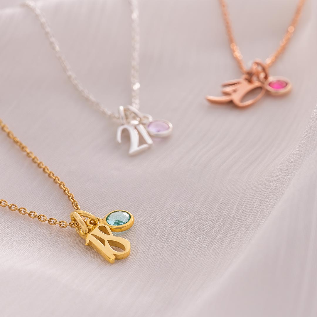 age and birthstone charm necklace available in sterling silver, gold plated sterling silver and rose gold plated sterling silver