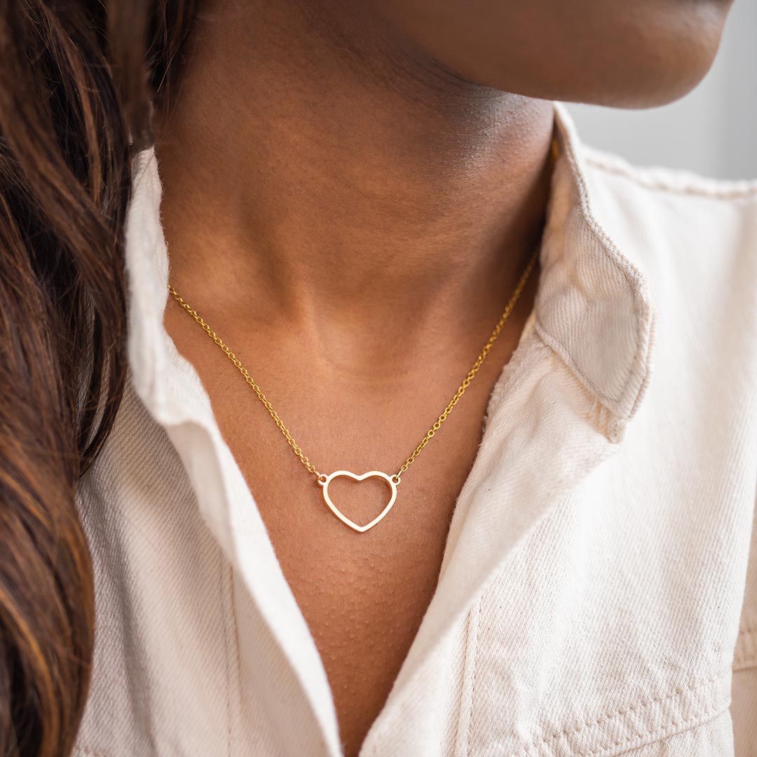 gold plated stainless steel heart pendant necklace personalised with an engraved contemporary style name