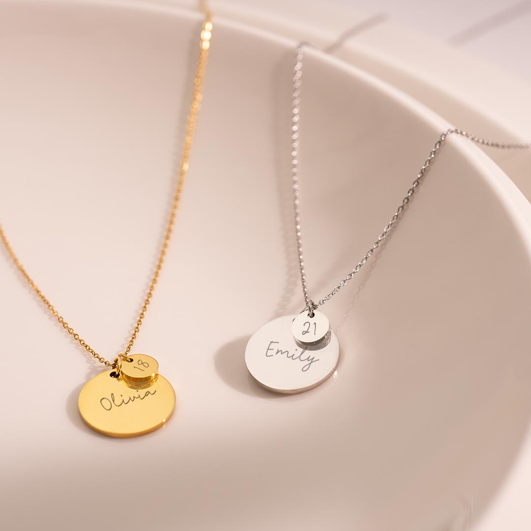 silver plated and gold plated stainless steel birthday disc necklace