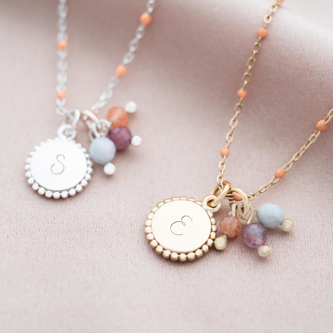 Bead Edge Disc and Enamel Chain Family Birthstone Personalised Necklace in Silver and Gold