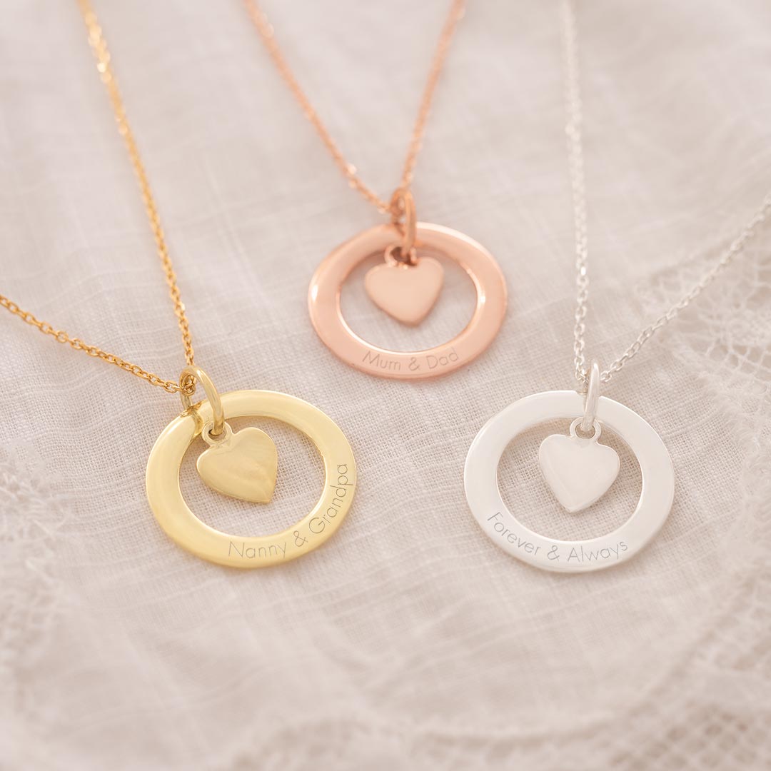 eternal ring and heart charm memorial necklace available in sterling silver, gold plated sterling silver and rose gold plated sterling silver