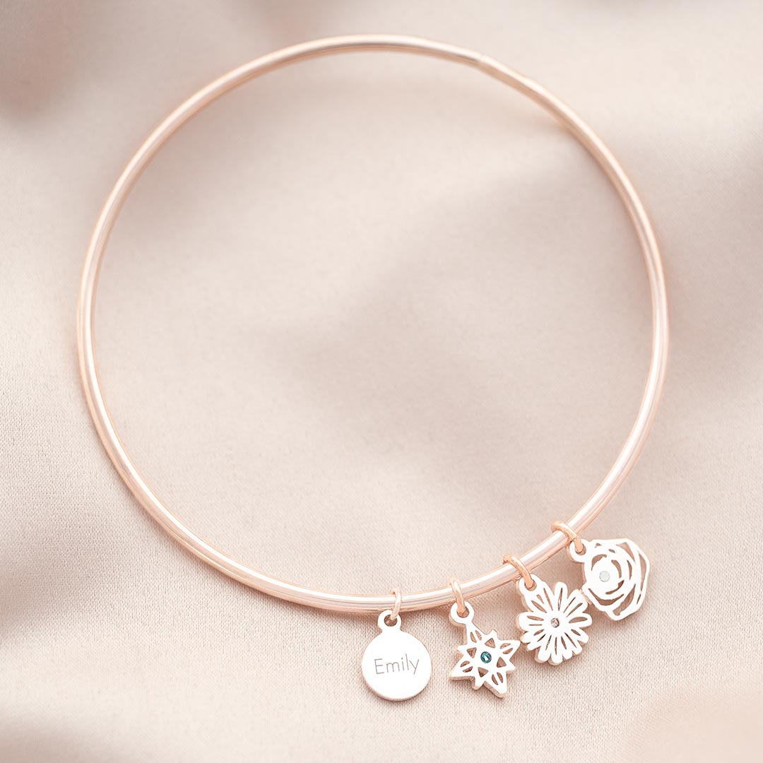 Birth Flower and Disc Personalised Bangle