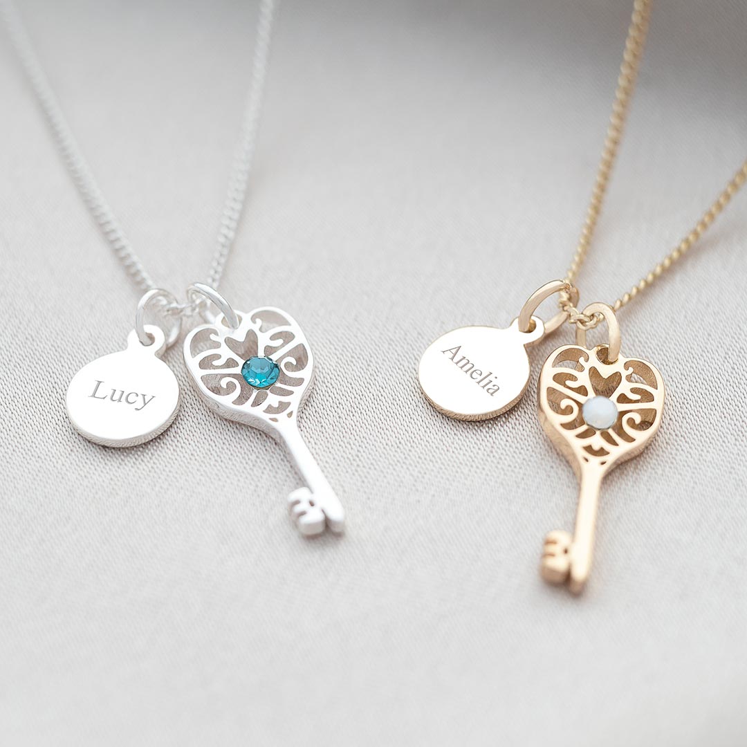 Birthstone Key And Disc Personalised Necklace