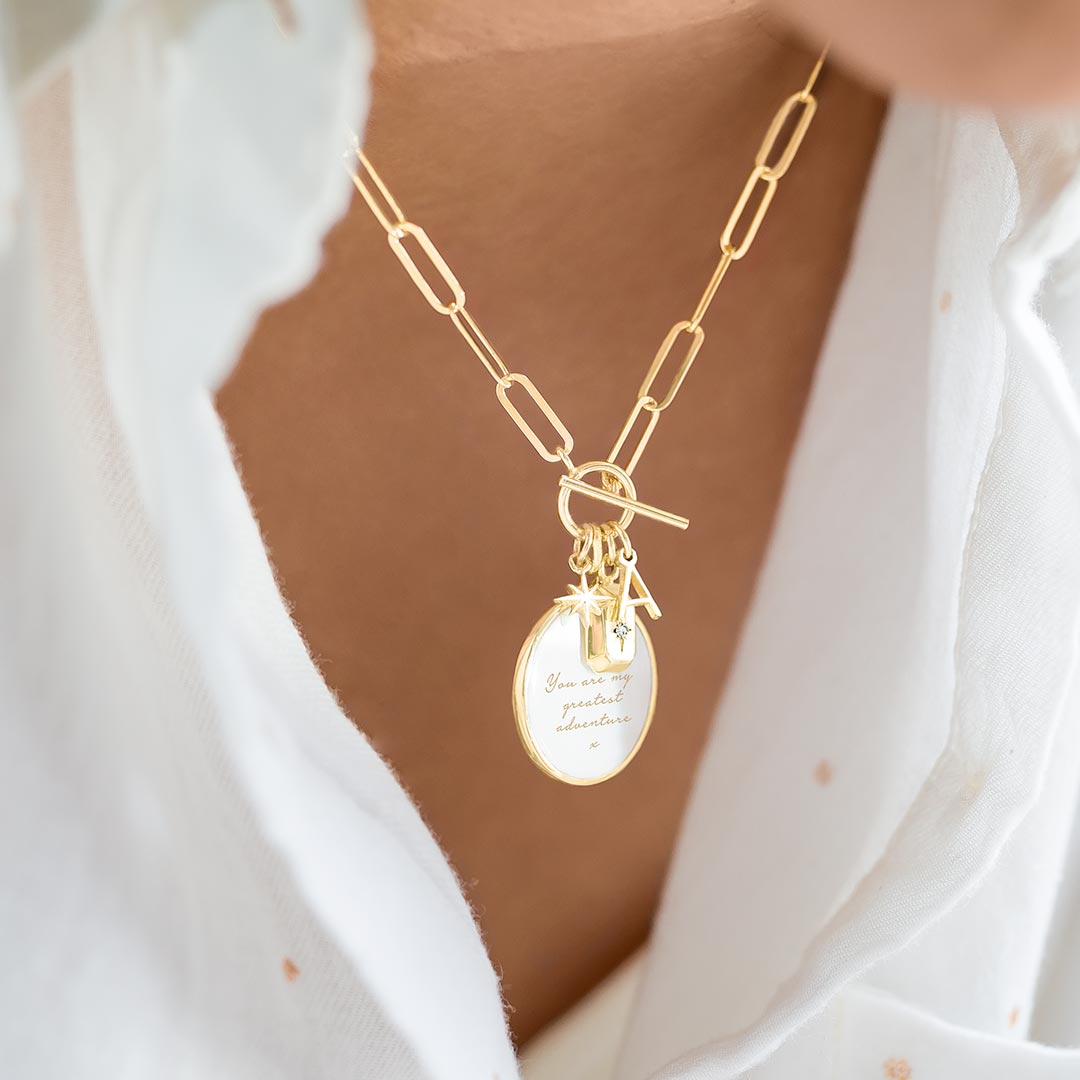 gold plated sterling silver large link charm necklace with personalised disc charm