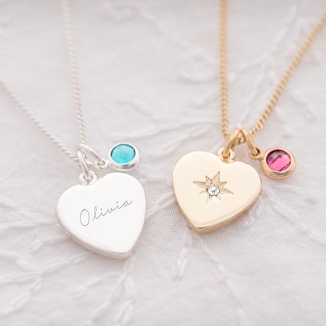 Celestial Heart and Birthstone Personalised Necklace in silver and champagne gold