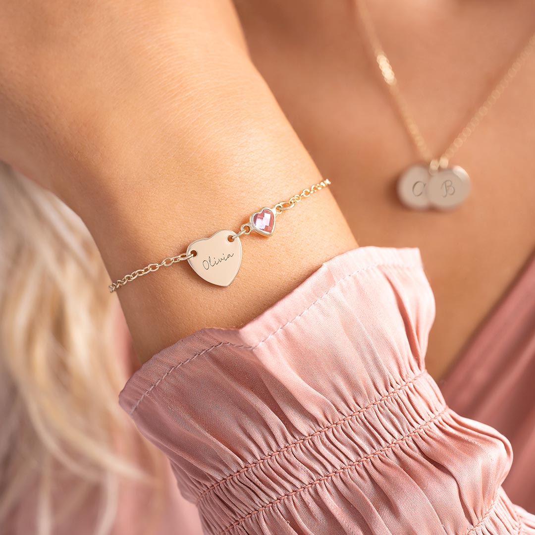 Rose Gold Chloe Heart and Heart Birthstone Bracelet with Name engraving